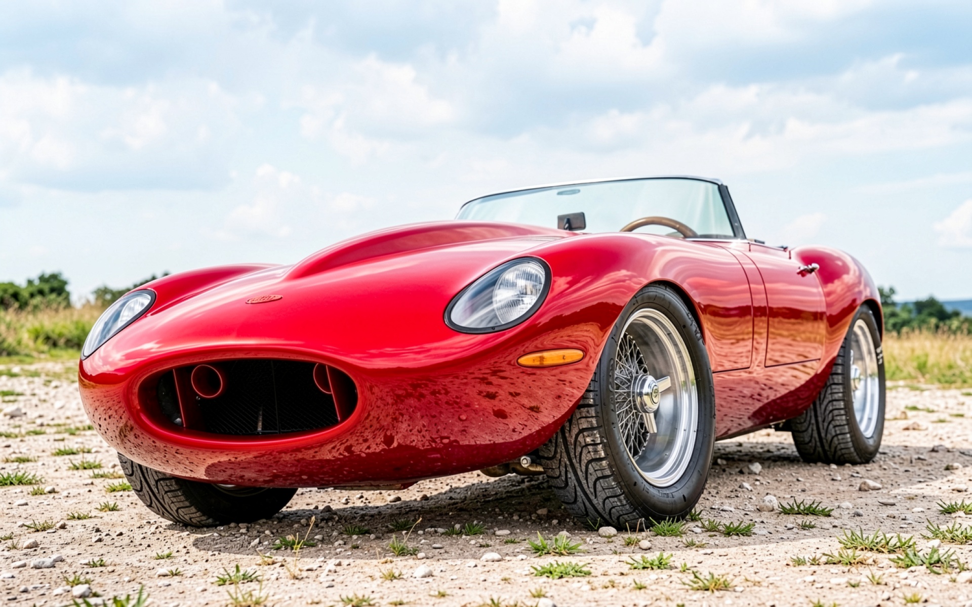 Красный классический автомобиль Jaguar E-Type на гравии