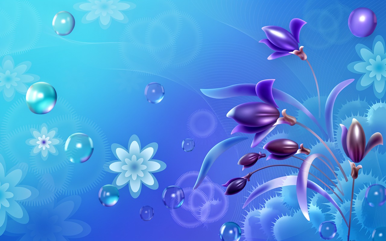 Синие абстрактные цветы с прозрачными пузырями