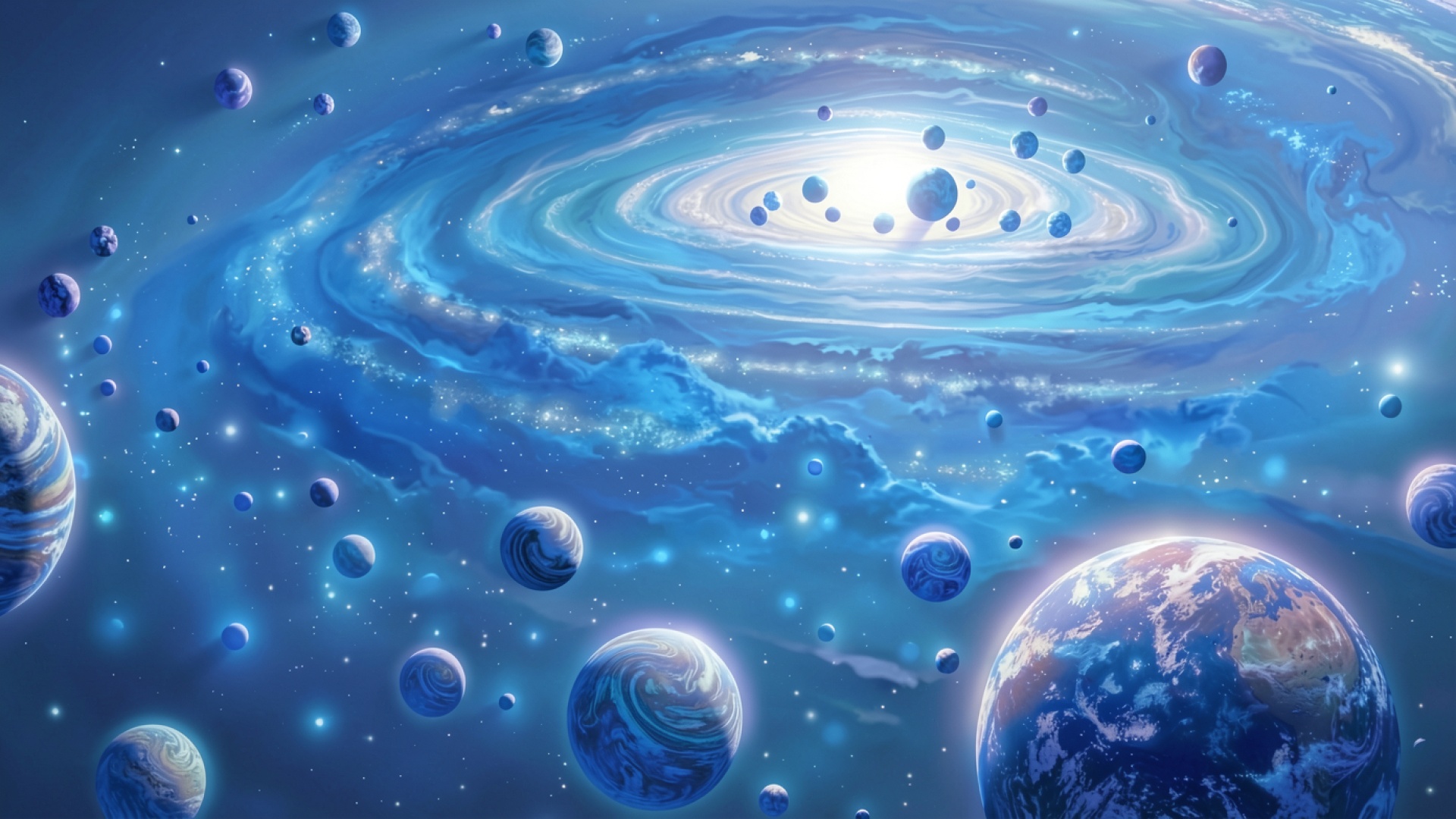 Голубая спиральная галактика с планетами в космосе