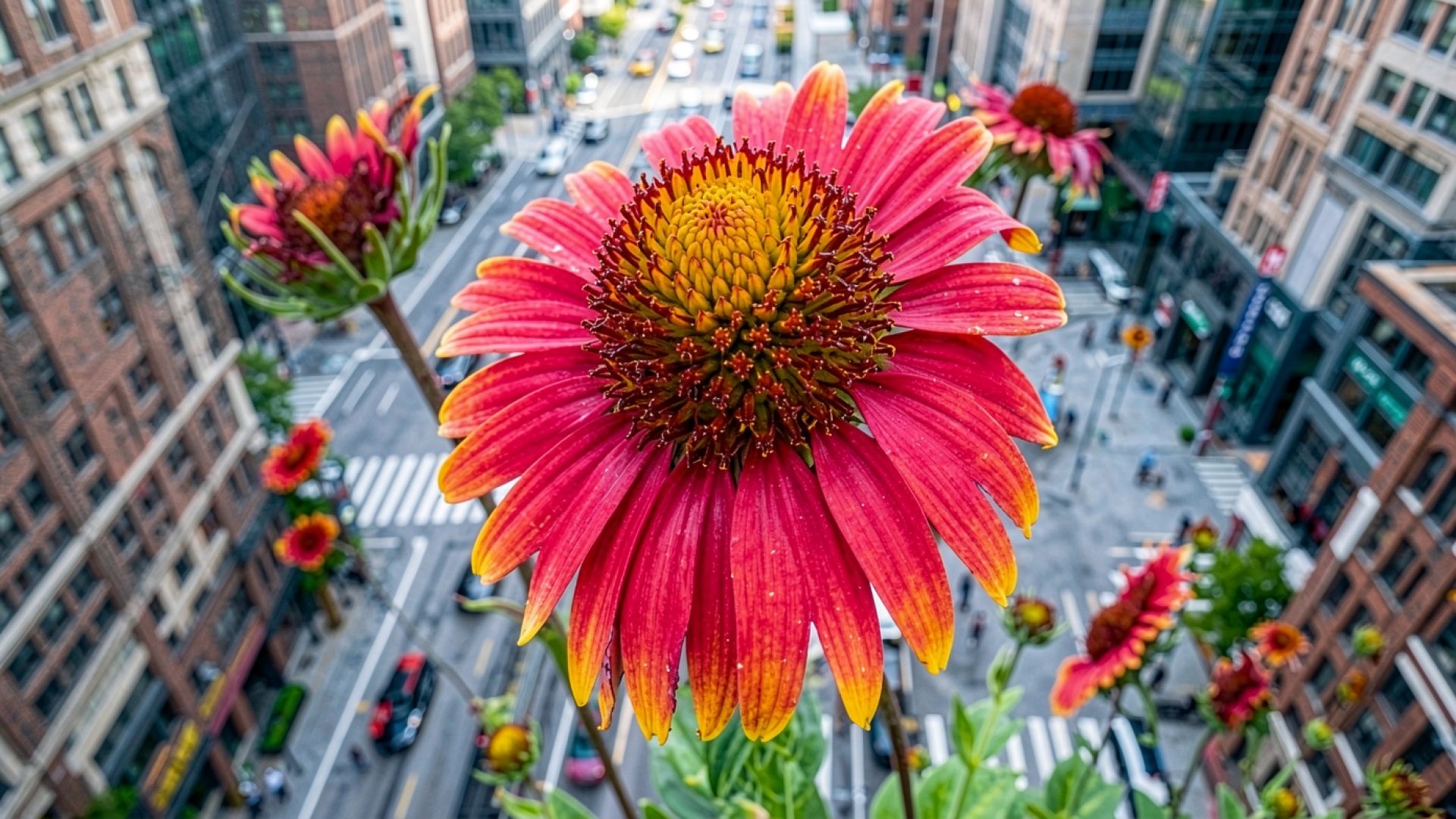 Красный цветок эхинацея в городском пейзаже