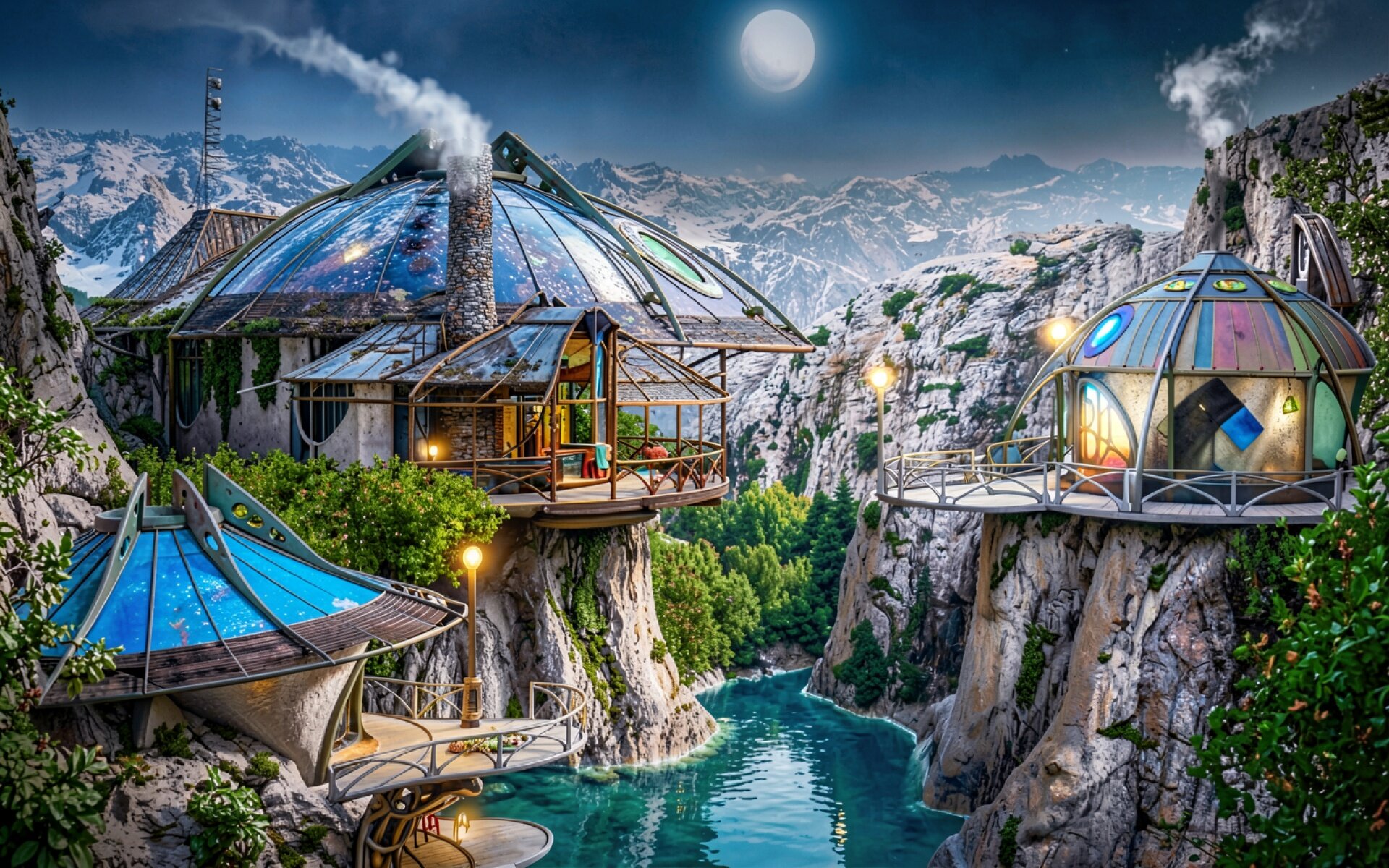 Футуристический дом в горах при лунном свете