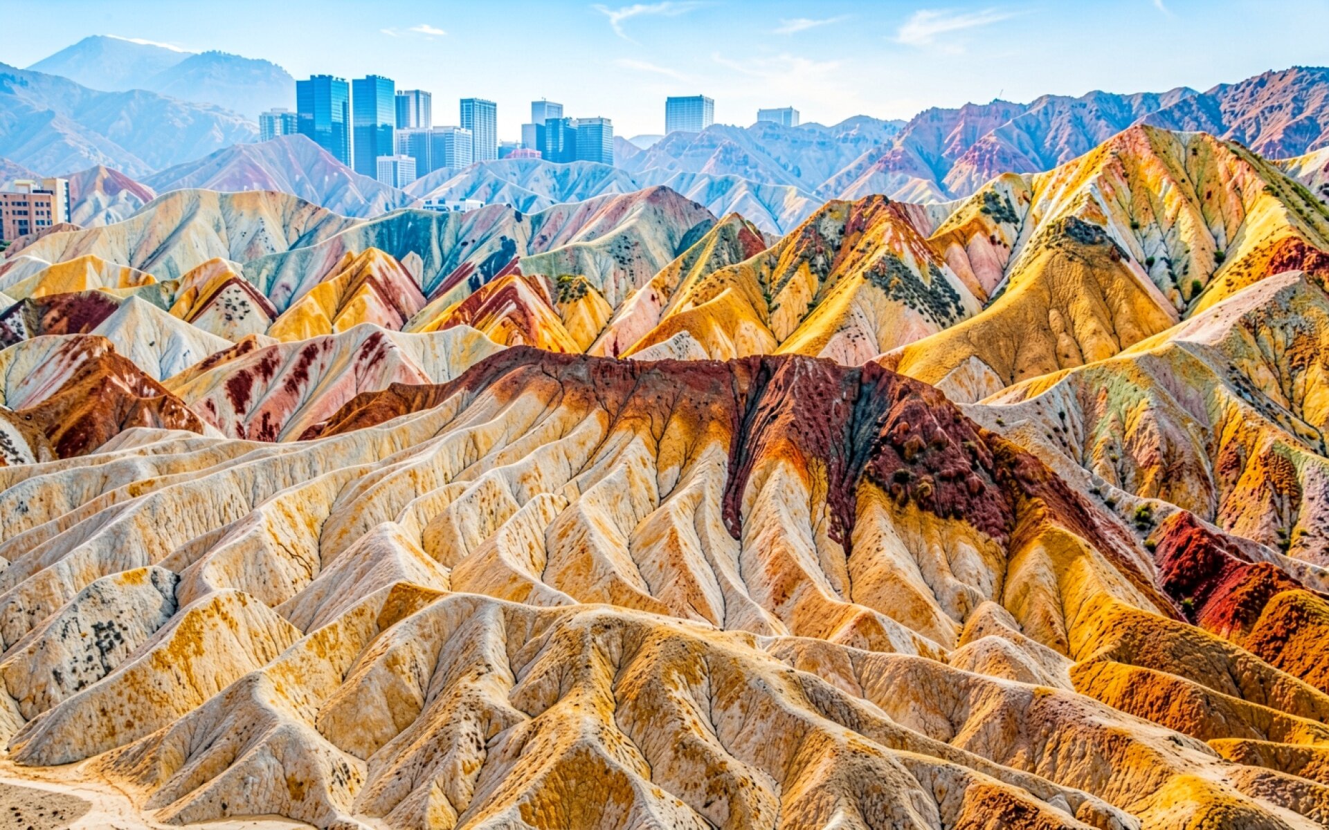 Радужные горы с современными небоскребами на фоне