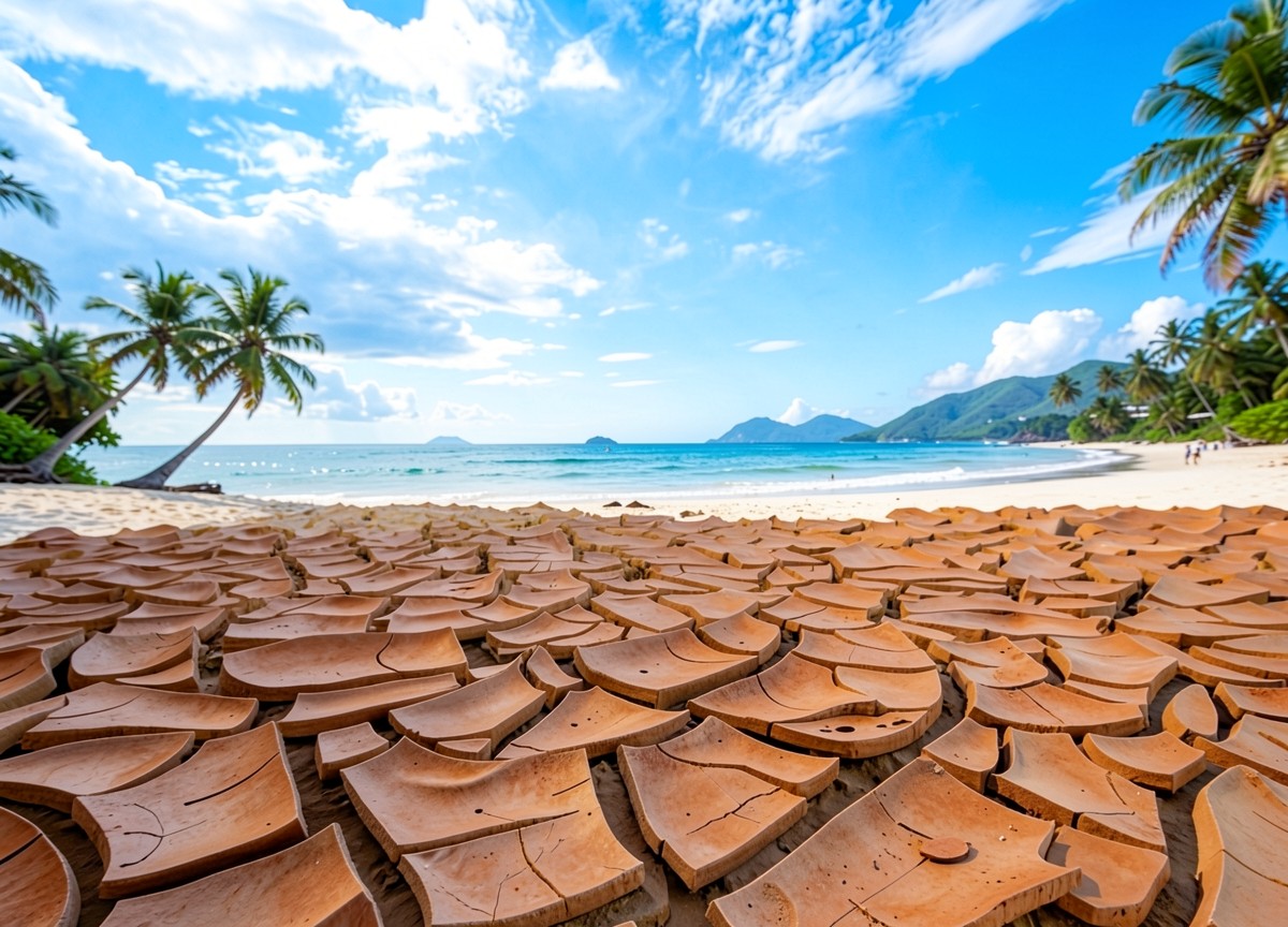 Сюрреалистичный пляж с треснувшей землей и пальмами