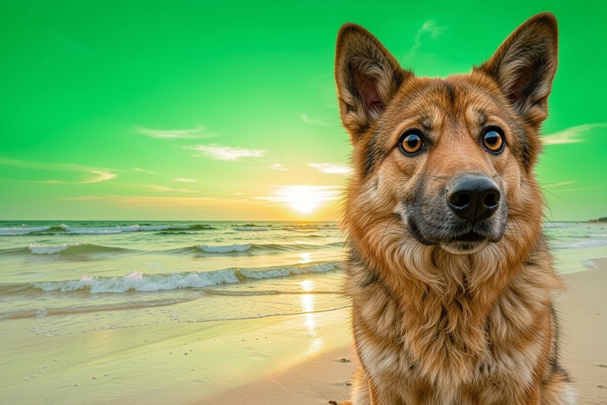 Немецкая овчарка на пляже при зеленом закате