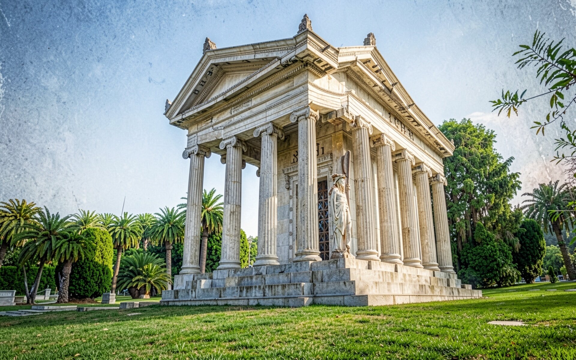 Белый античный храм с колоннами в парке