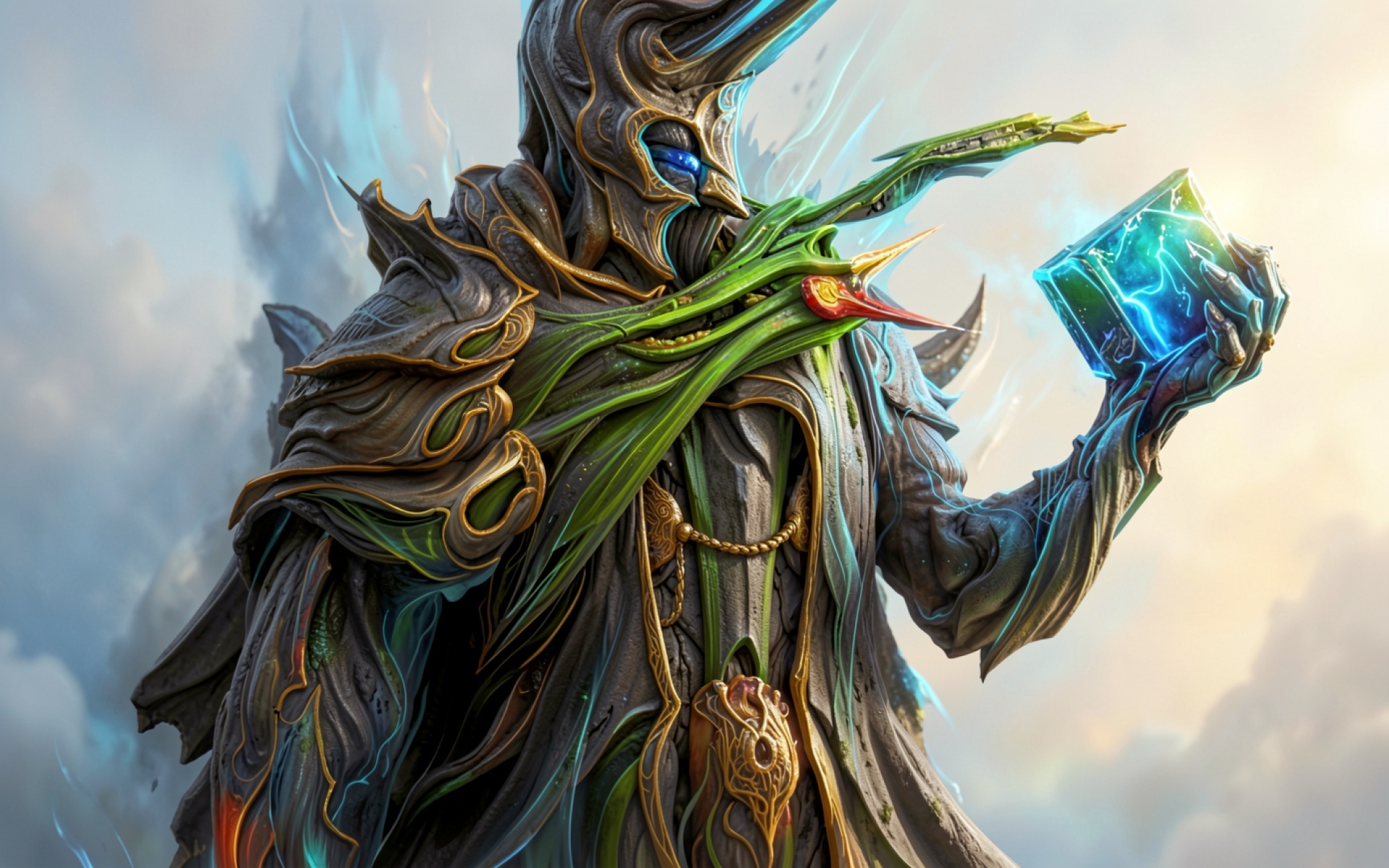 Фэнтези маг в зеленом плаще с кристаллом