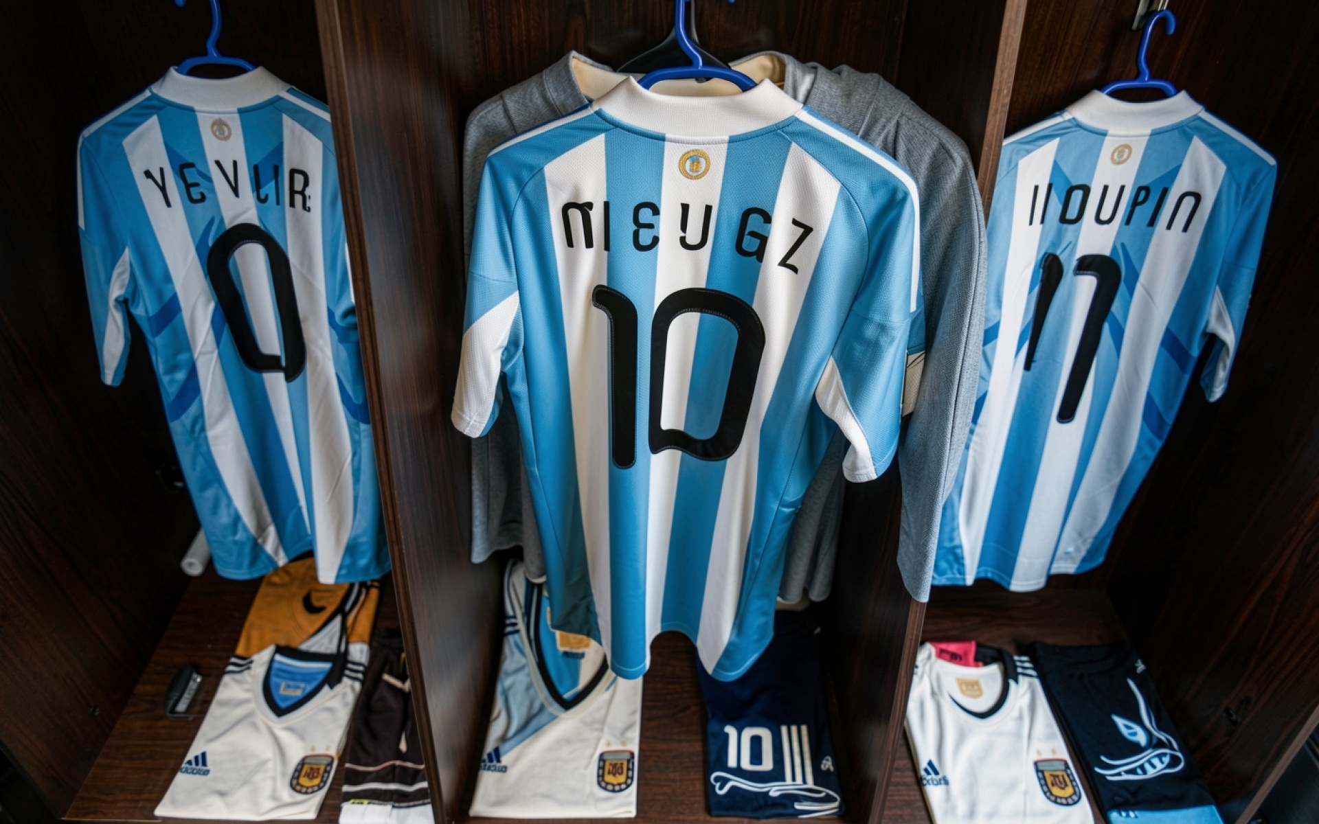 Футбольные джерси сборной Аргентины в раздевалке