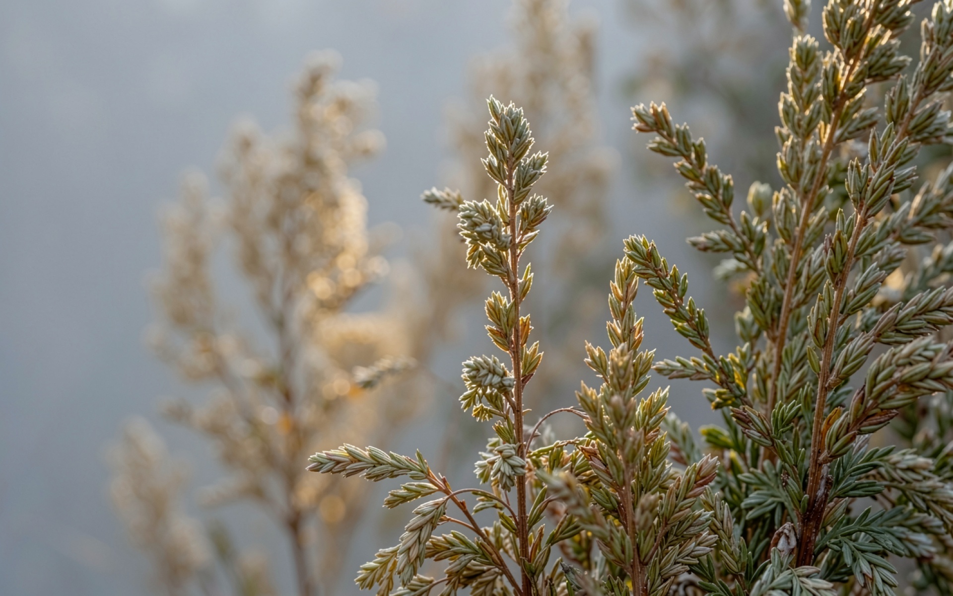 Замороженные ветви туи в утреннем тумане