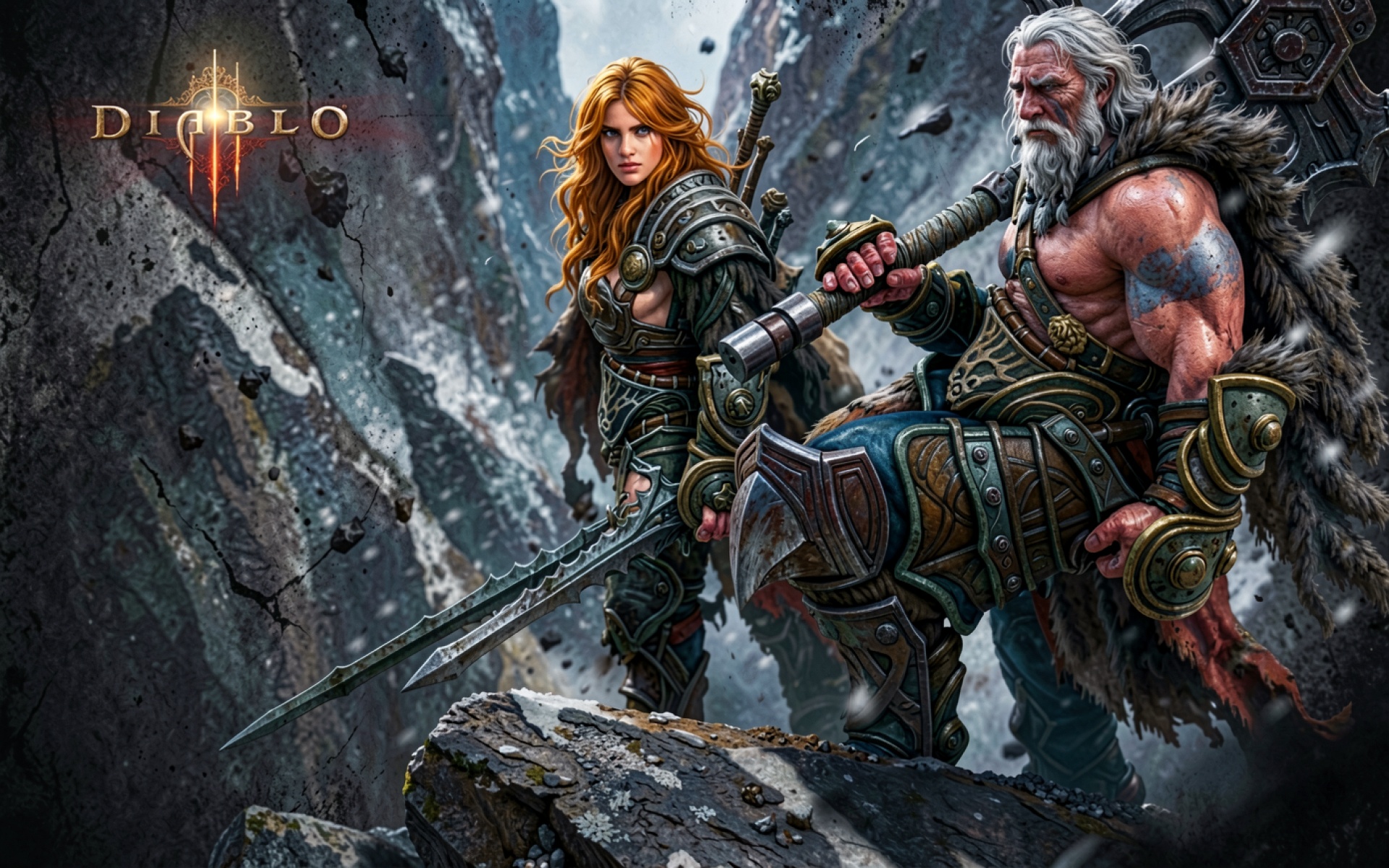 Воины в доспехах среди заснеженных серых гор