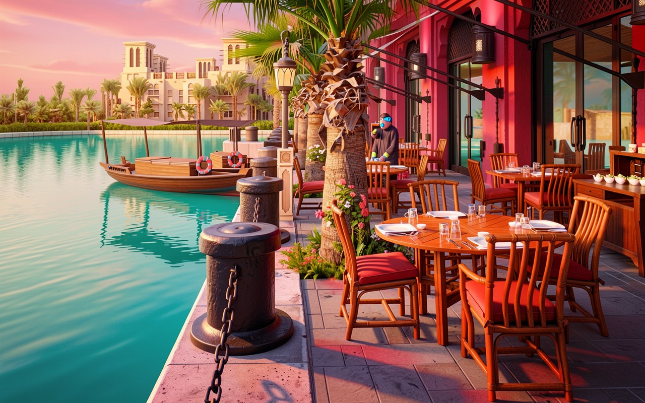 Роскошный ресторан у воды в восточном стиле