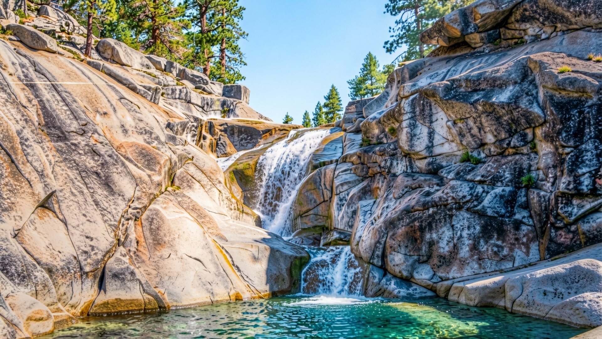 Горный водопад в светлых скалах с соснами