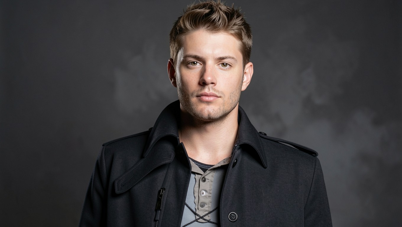 Портрет мужчины в черном пальто серый фон