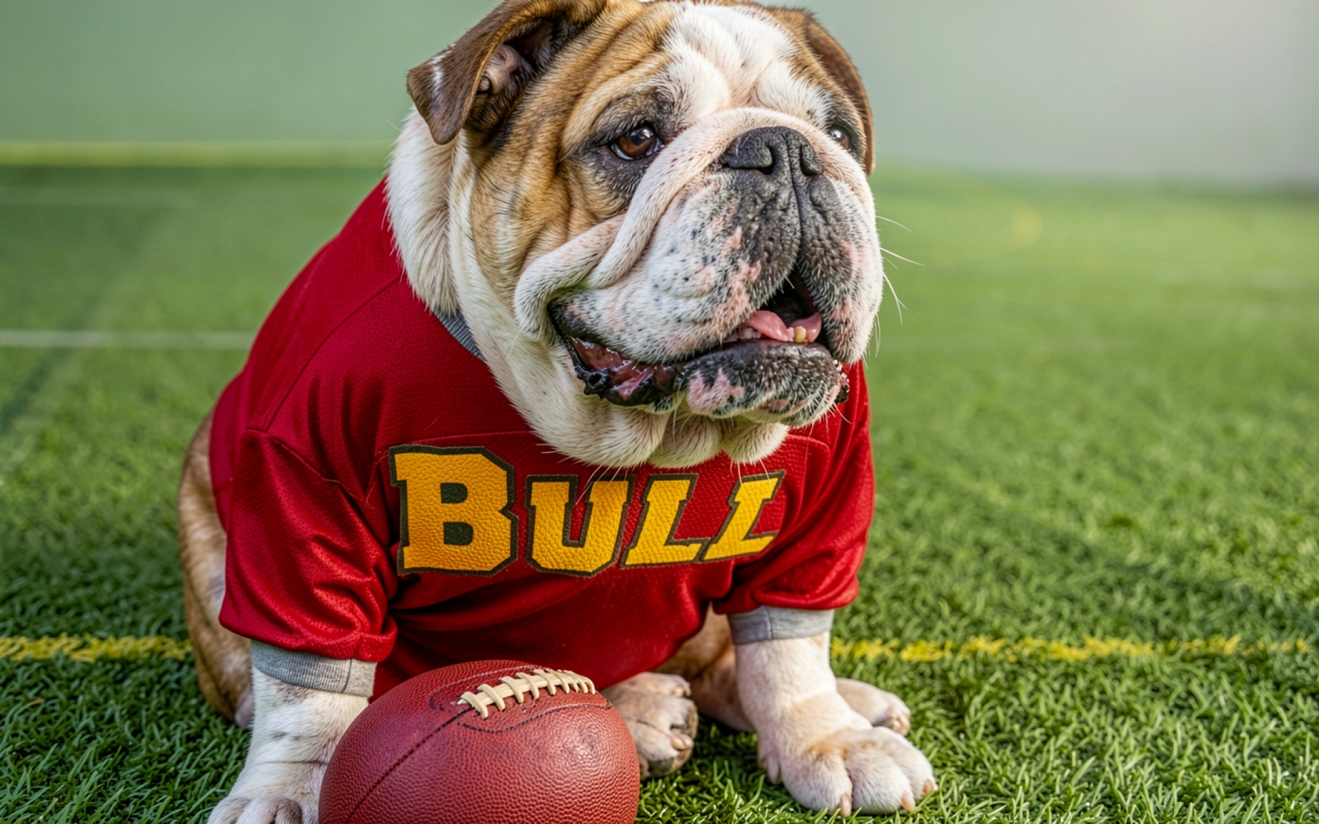 Английский бульдог в красной футболке с мячом
