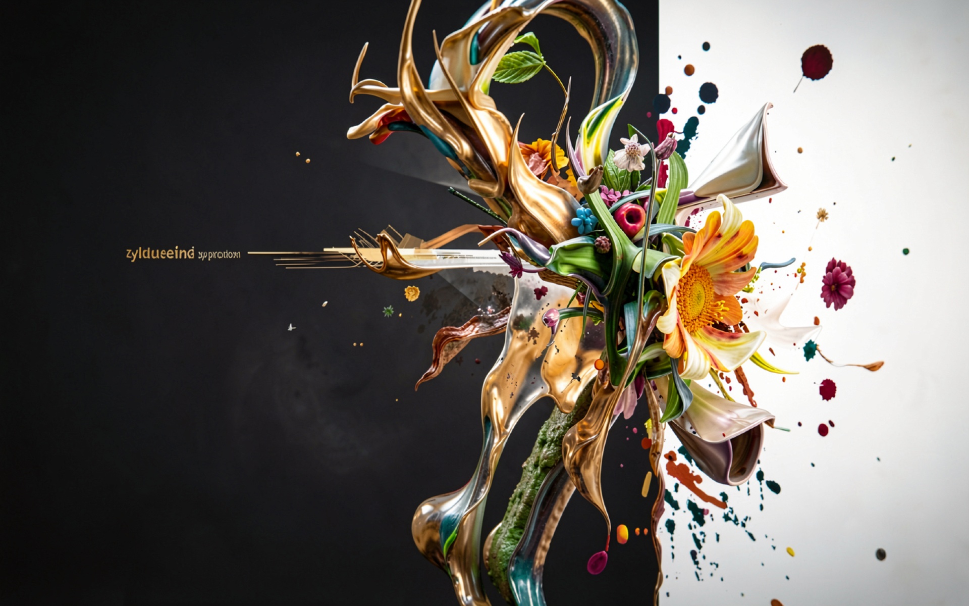 Абстрактная золотая скульптура с цветами на контрастном фоне