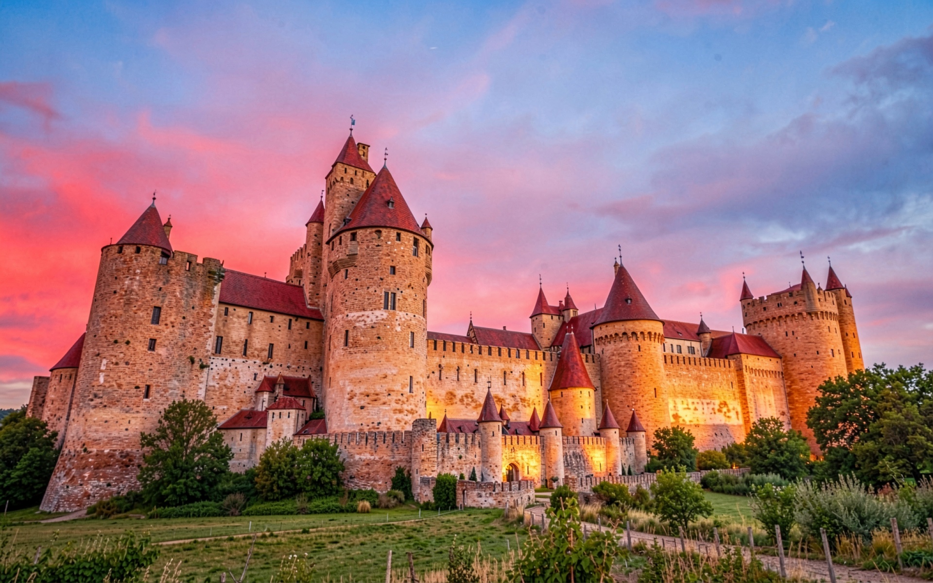 Средневековый замок в лучах розового заката
