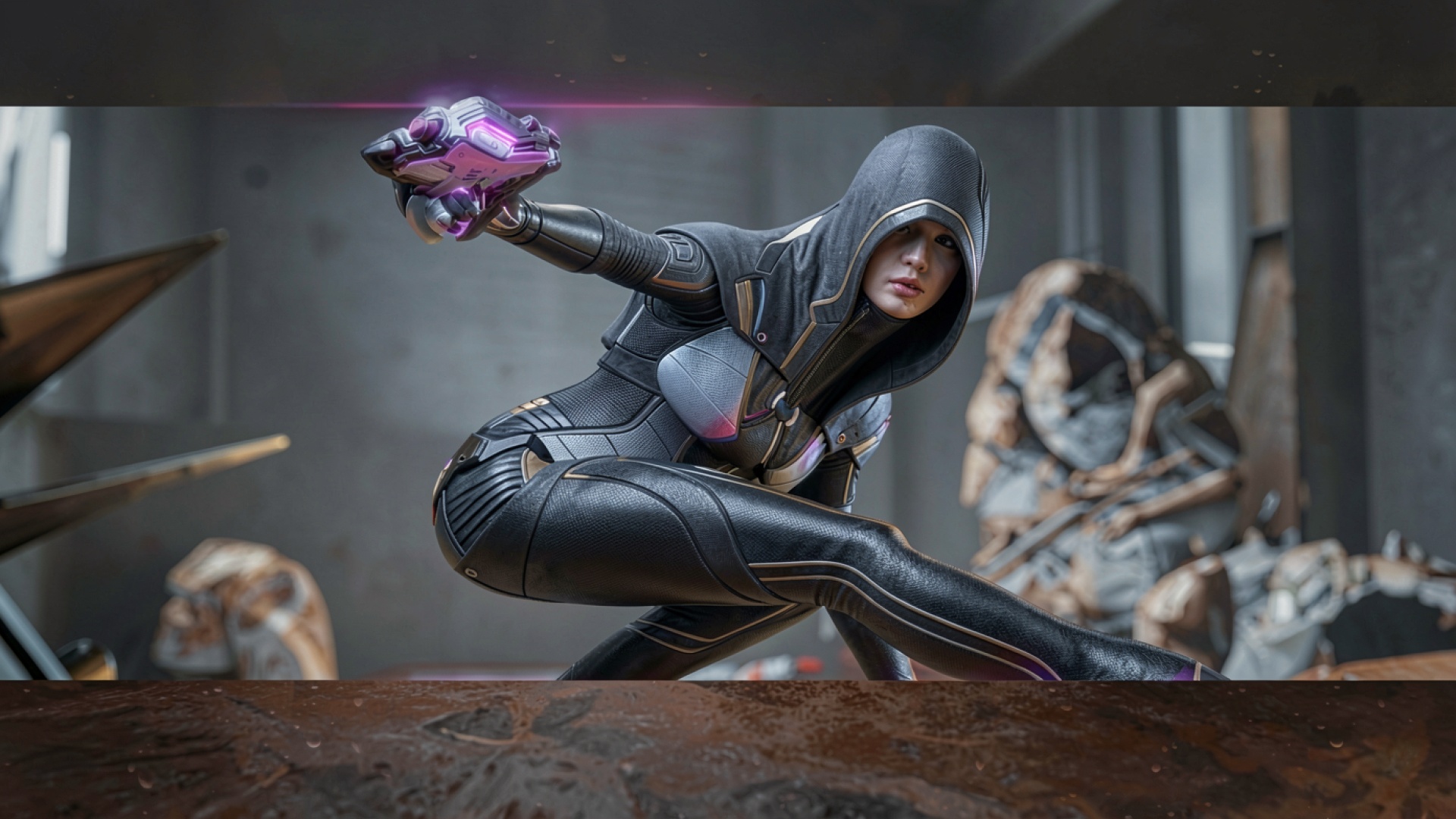 Девушка в черном тактическом костюме с капюшоном