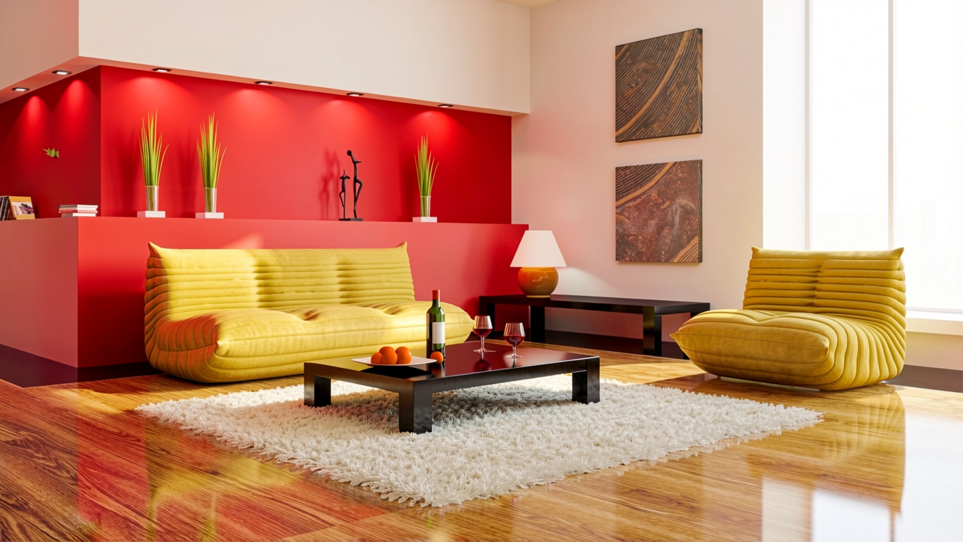 Желтый диван в современном интерьере с красной стеной