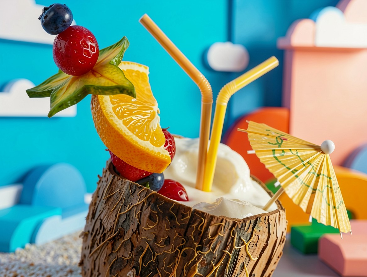 Тропический коктейль в кокосе с фруктами