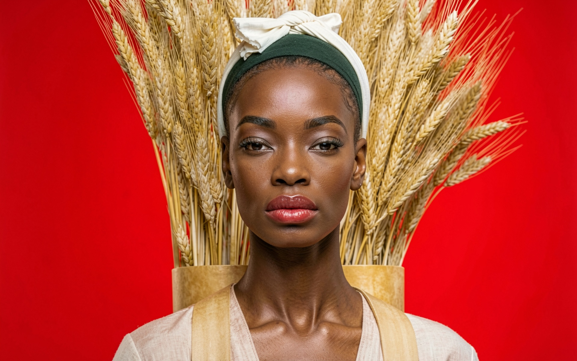 Африканская девушка с колосьями пшеницы красный фон
