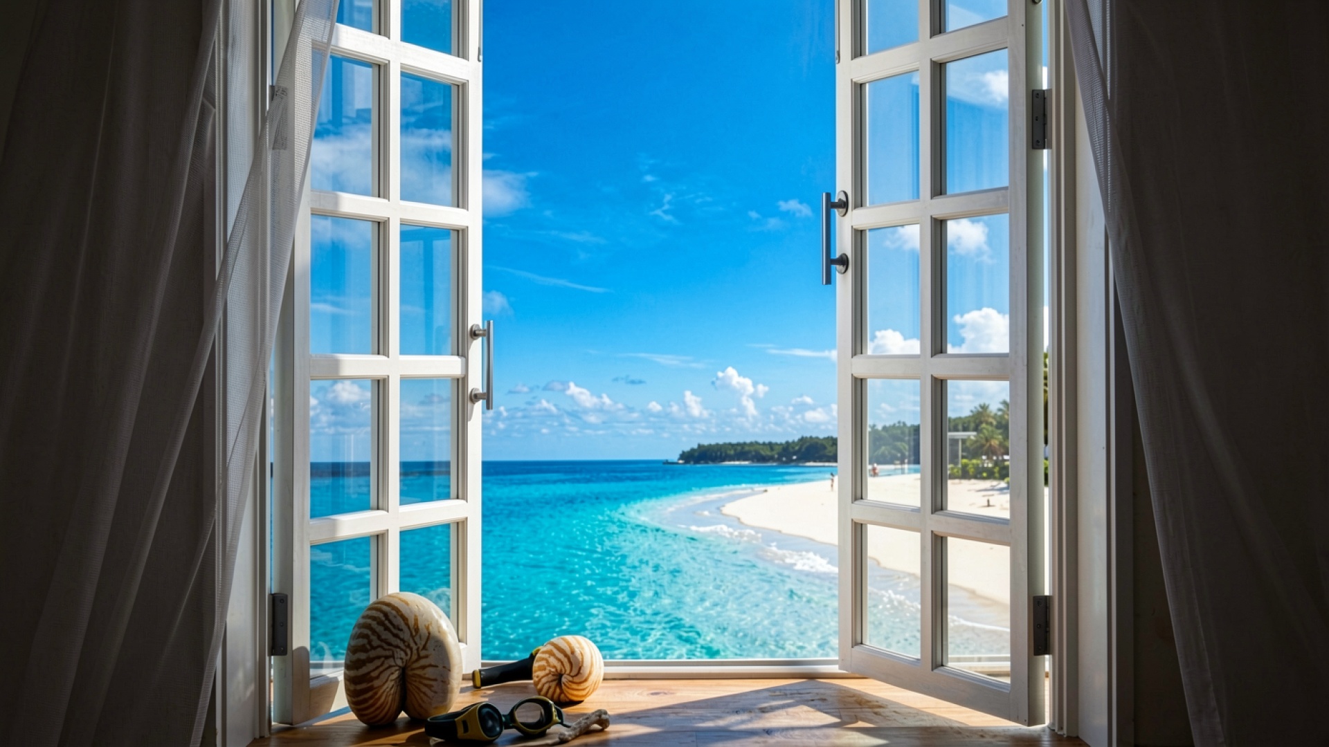 Вид на тропический пляж через открытое окно