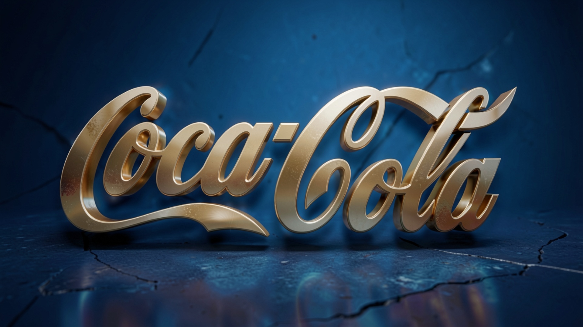 Золотой логотип Coca-Cola на синем фоне