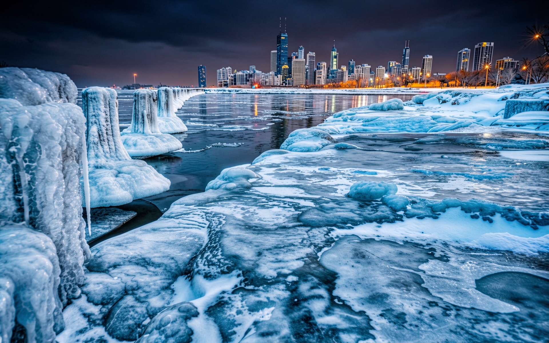Замерзший берег Чикаго с городским горизонтом