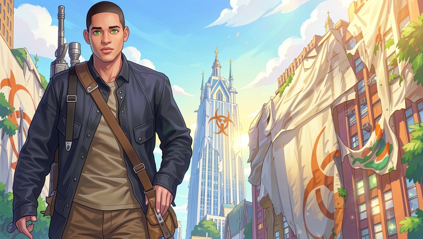 Молодой мужчина в синей куртке в постапокалиптическом городе