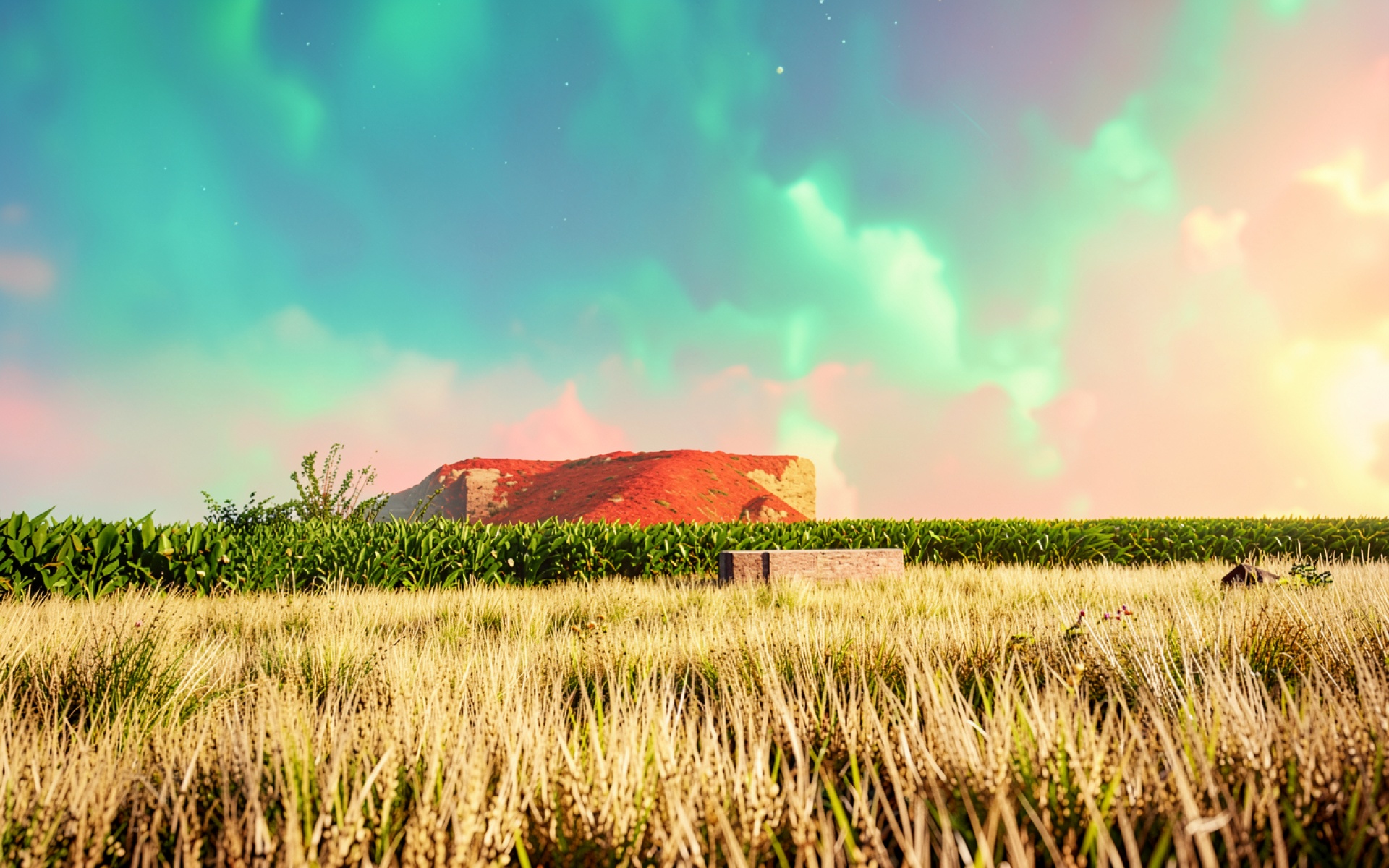 Красный куб в поле под северным сиянием