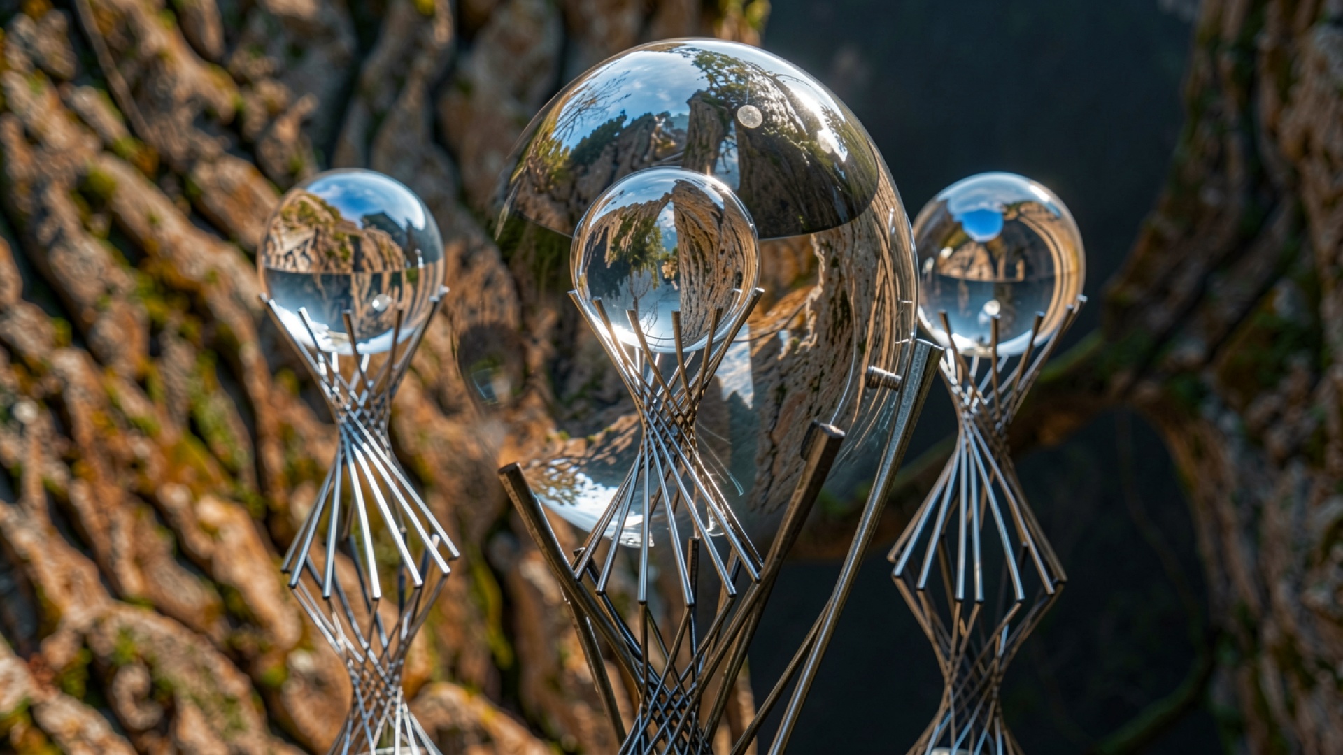 Стеклянные сферы на металлических подставках в лесу