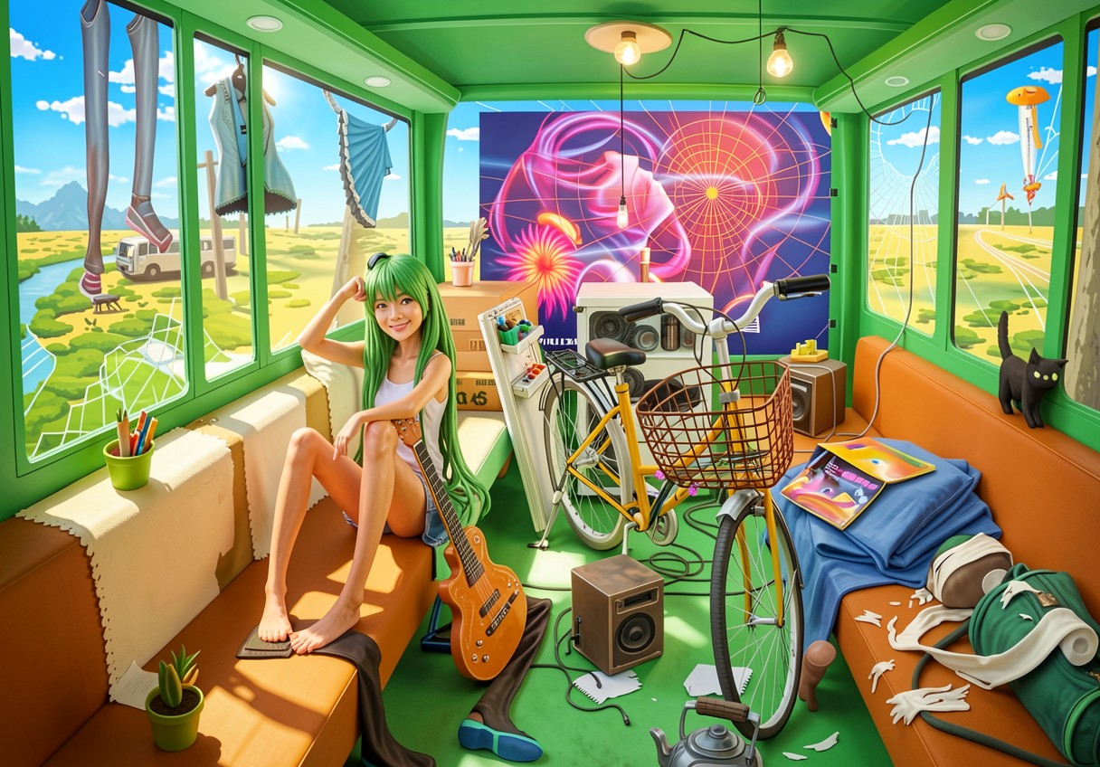 Девушка с зелеными волосами в вагоне поезда