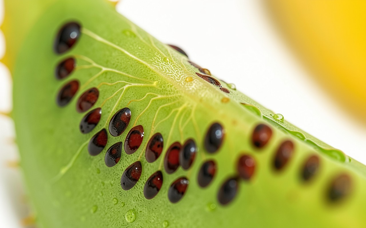 Срез зеленого плода с темными семенами