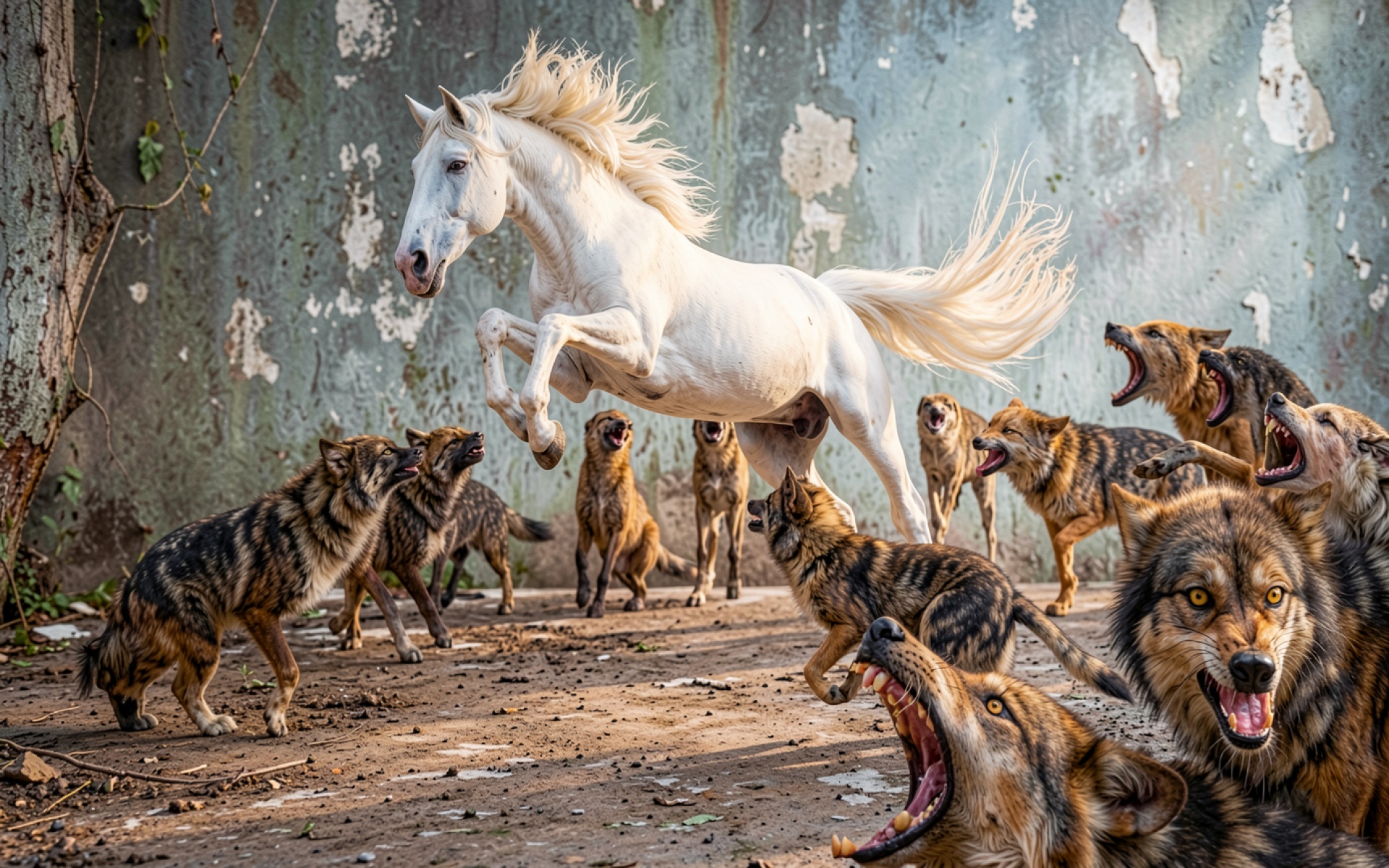 Белый конь среди стаи серых волков