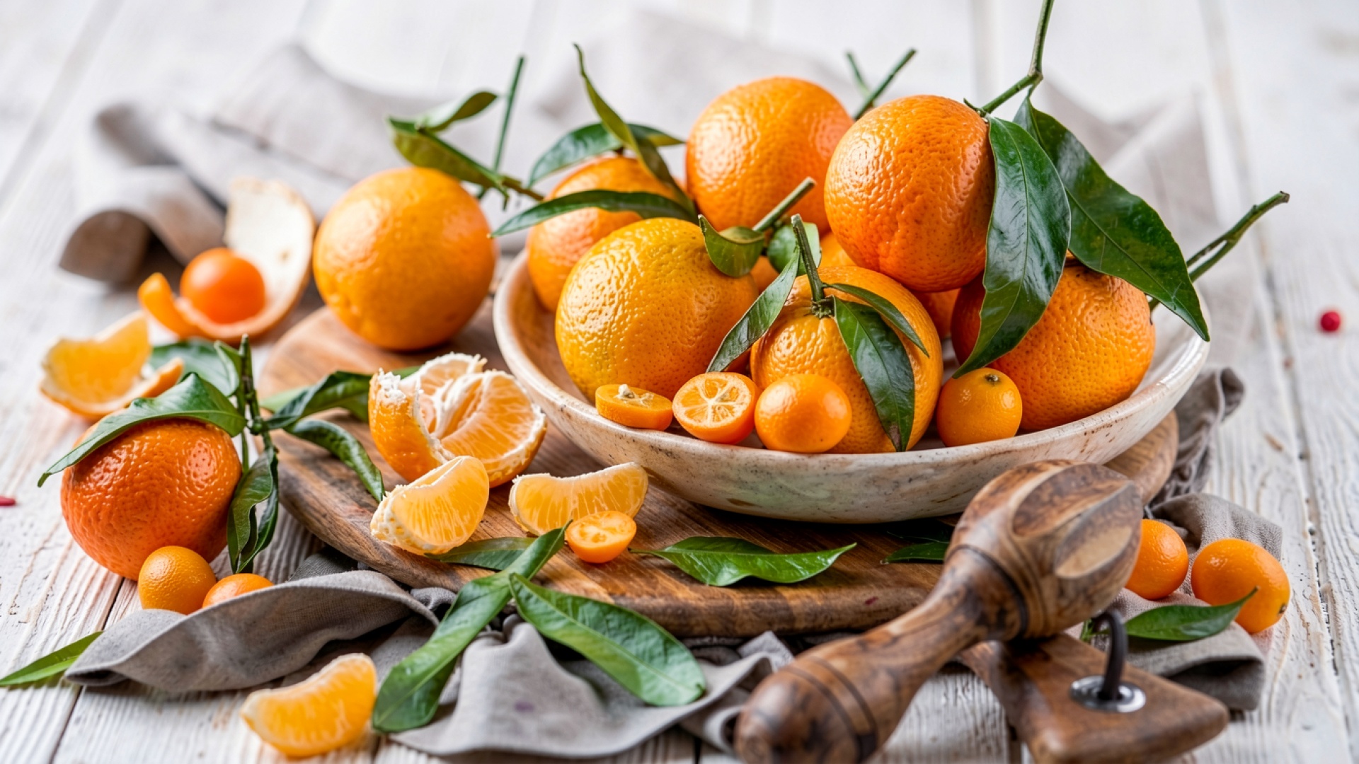 Спелые мандарины с зелеными листьями на дереве