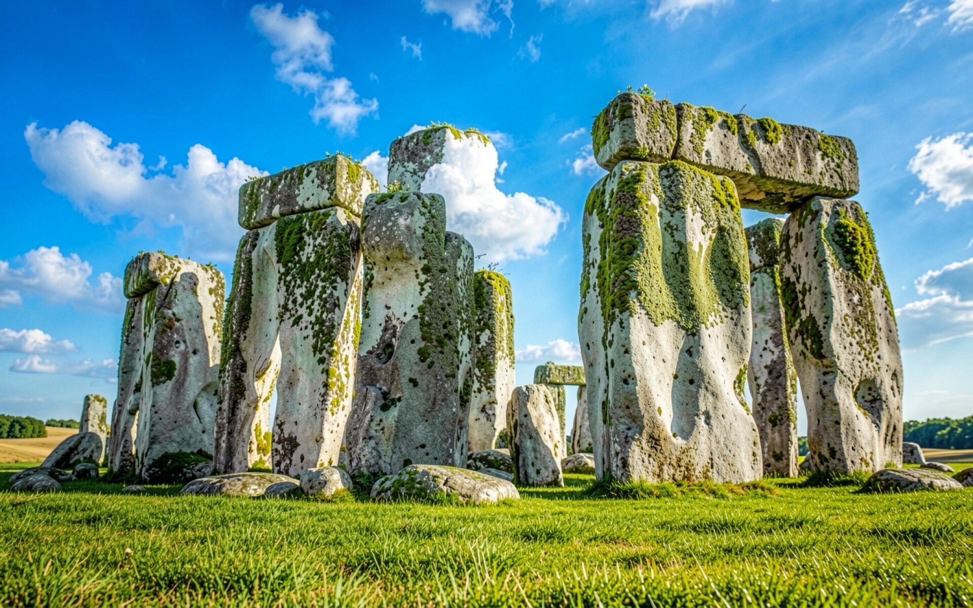Стоунхендж в солнечный день на зеленом лугу