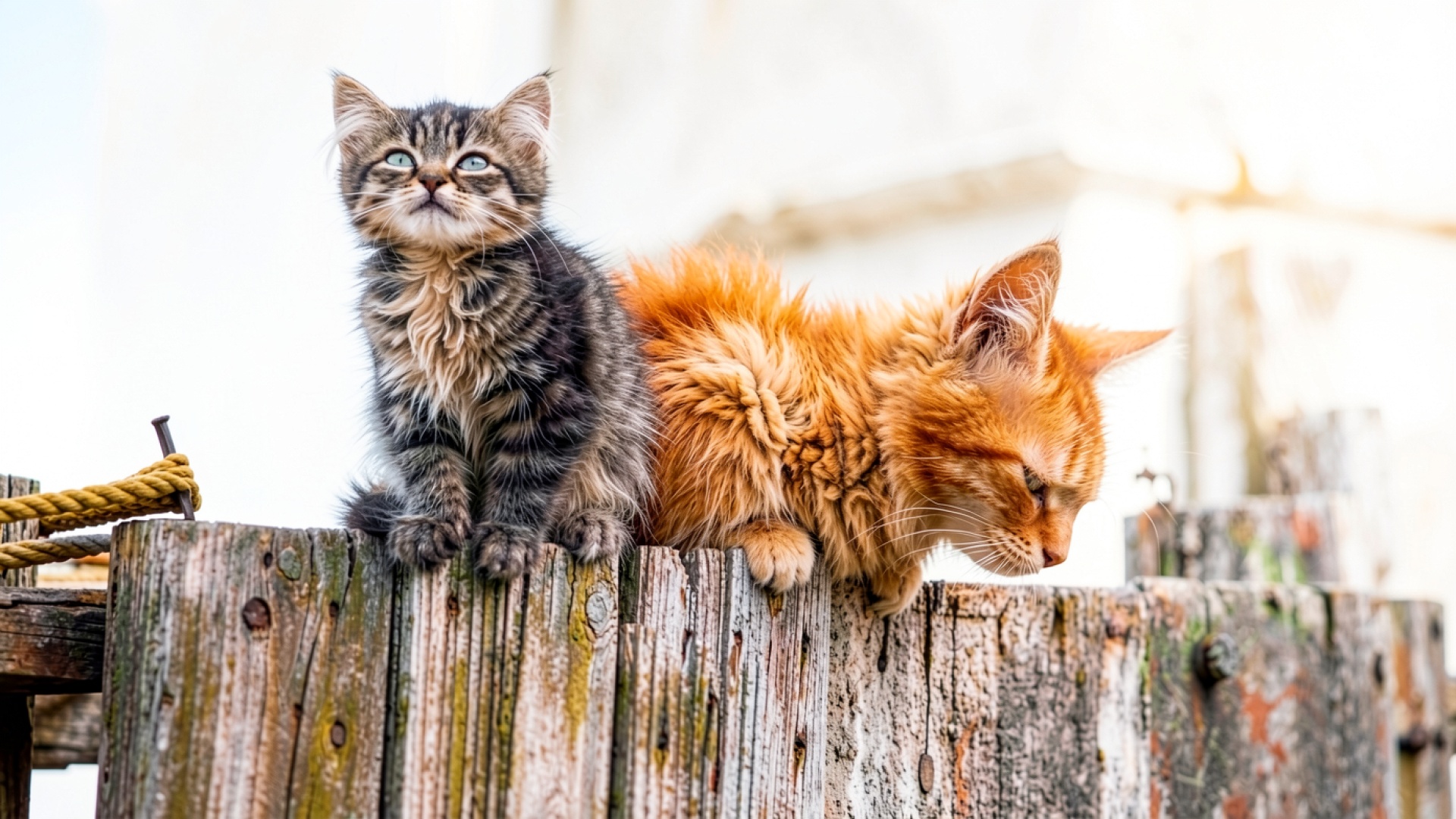 Два пушистых котенка на старом деревянном заборе