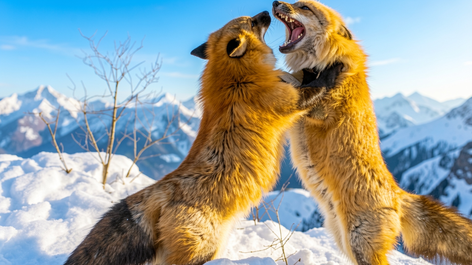 Две рыжие лисы в снежных горах