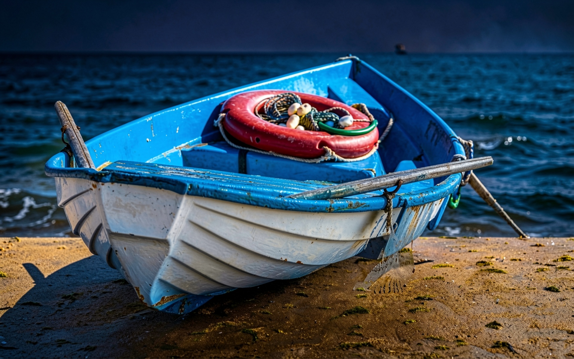 Синяя деревянная лодка с красным спасательным кругом