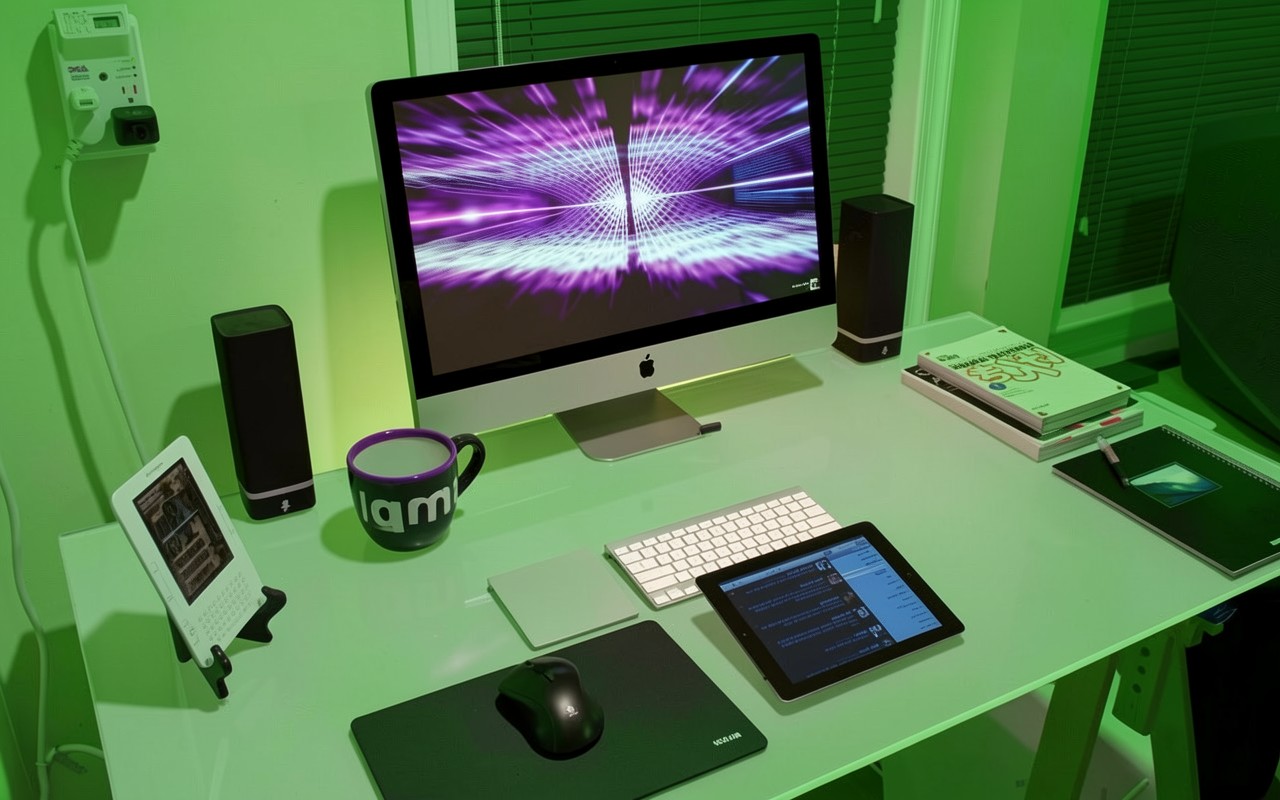 Рабочее место с компьютером в зеленом неоновом свете