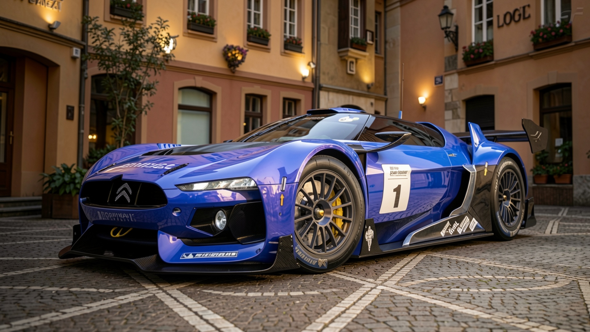 Синий гоночный автомобиль Citroen на мощеной улице