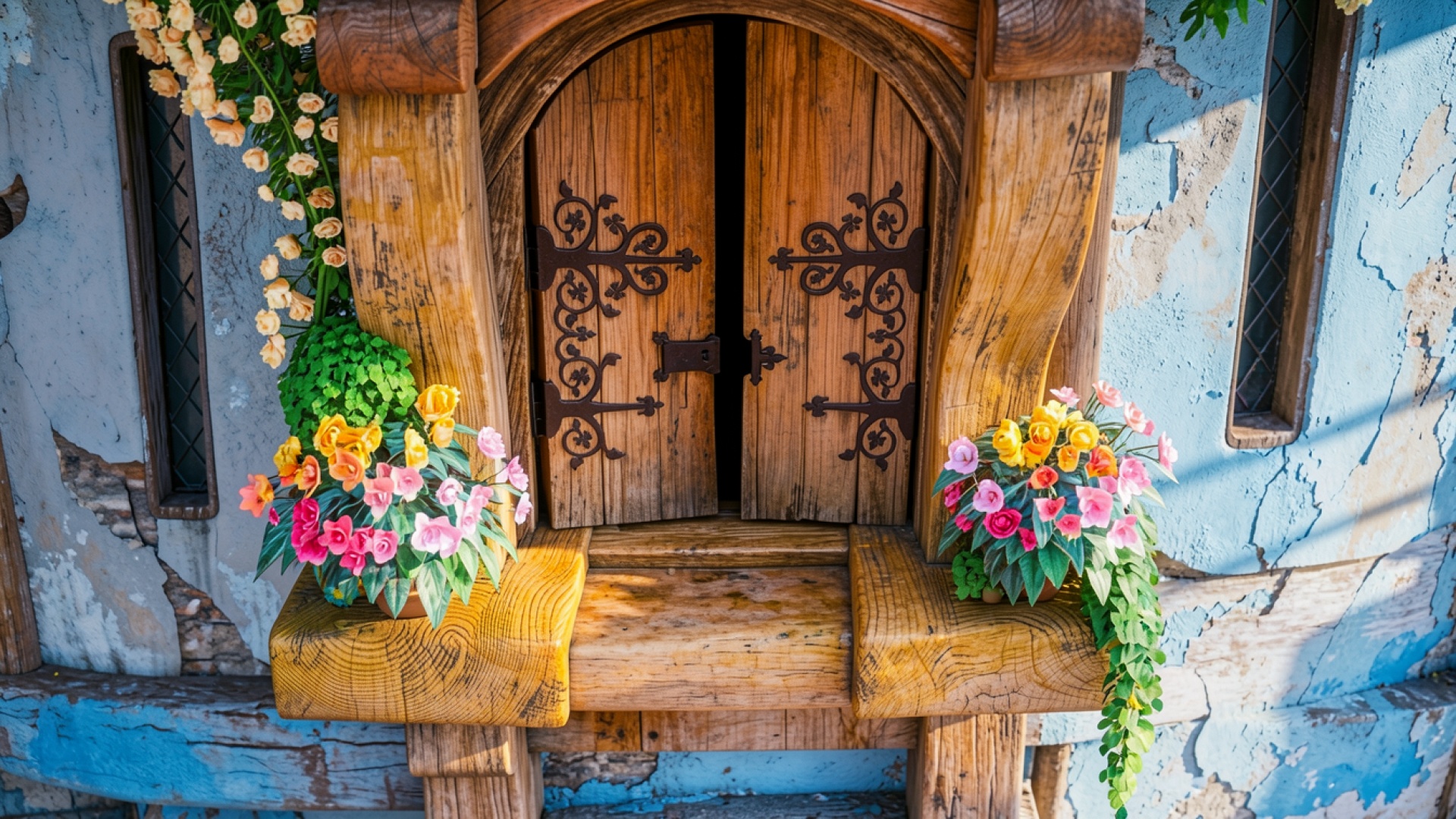 Деревянная дверь хоббита с цветами в саду