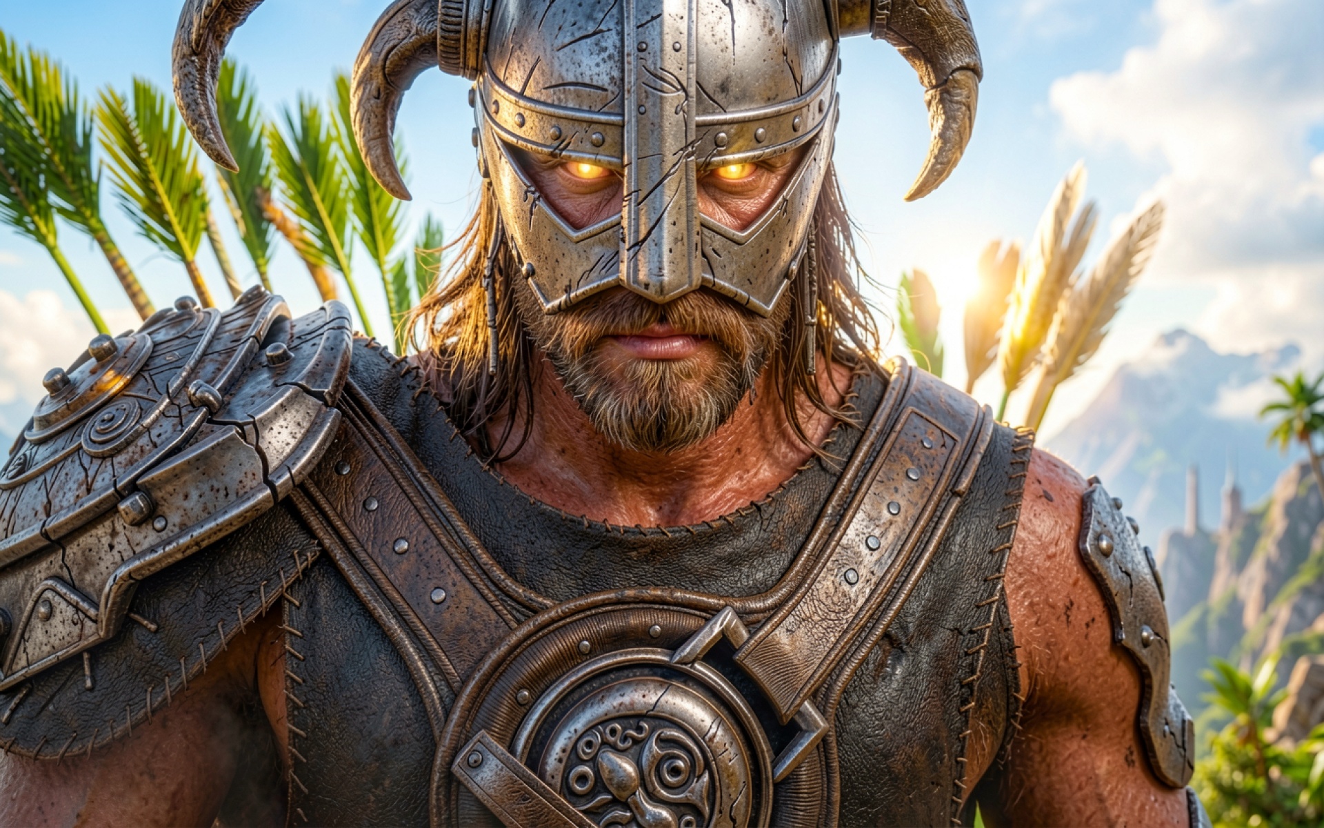 Воин викинг в стальном шлеме с рогами