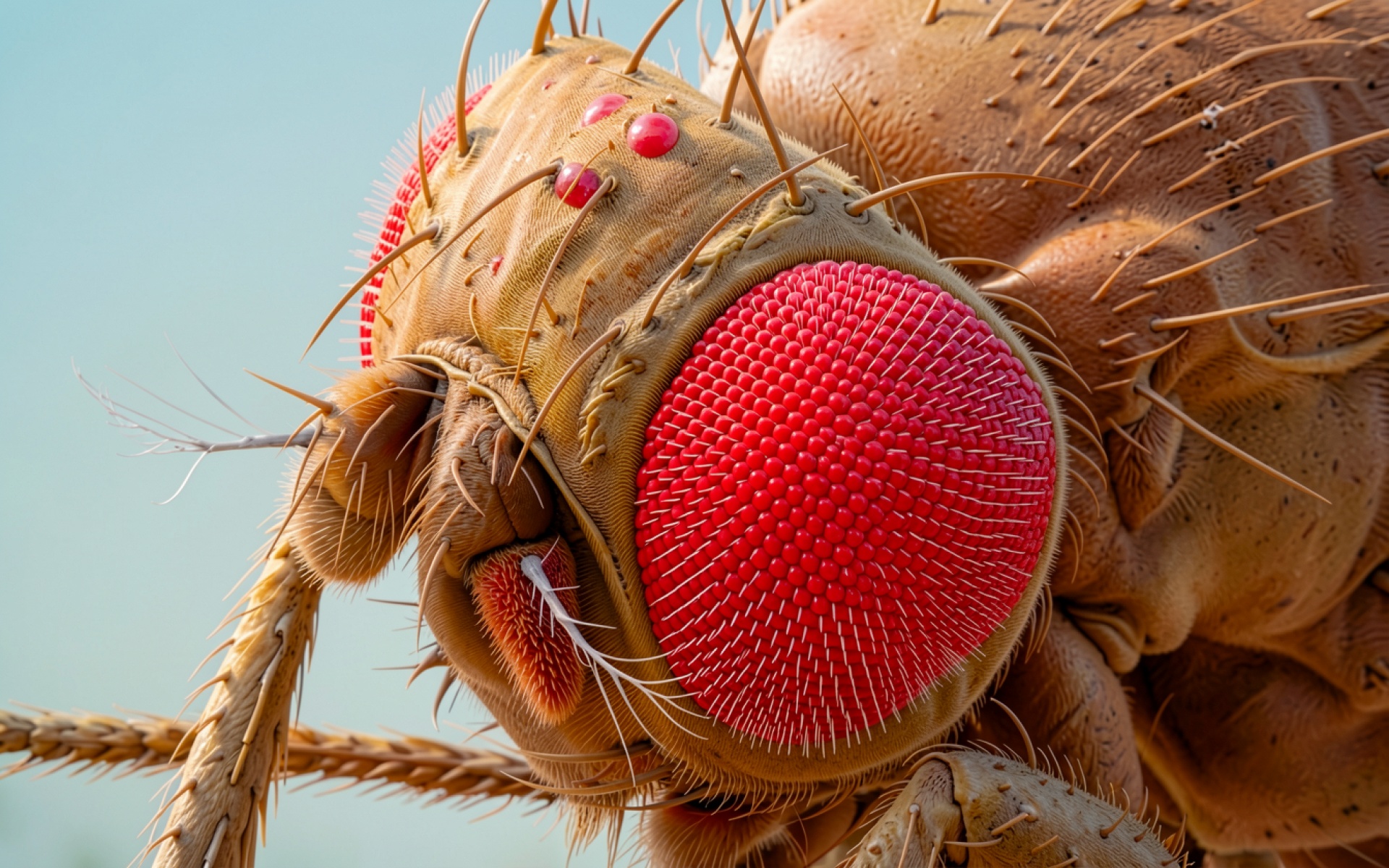 Макроснимок головы муравья с красными глазами