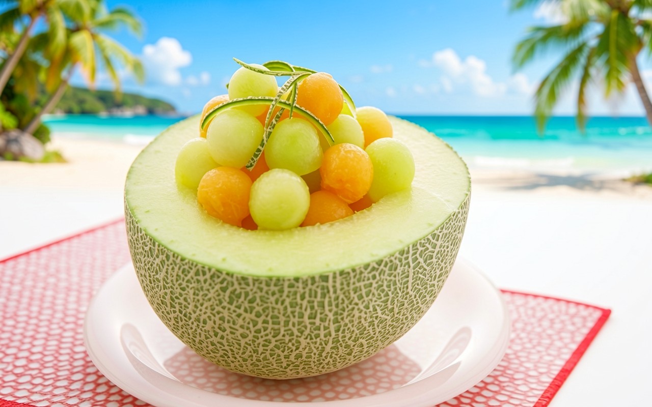 Шарики из дыни на тропическом пляже