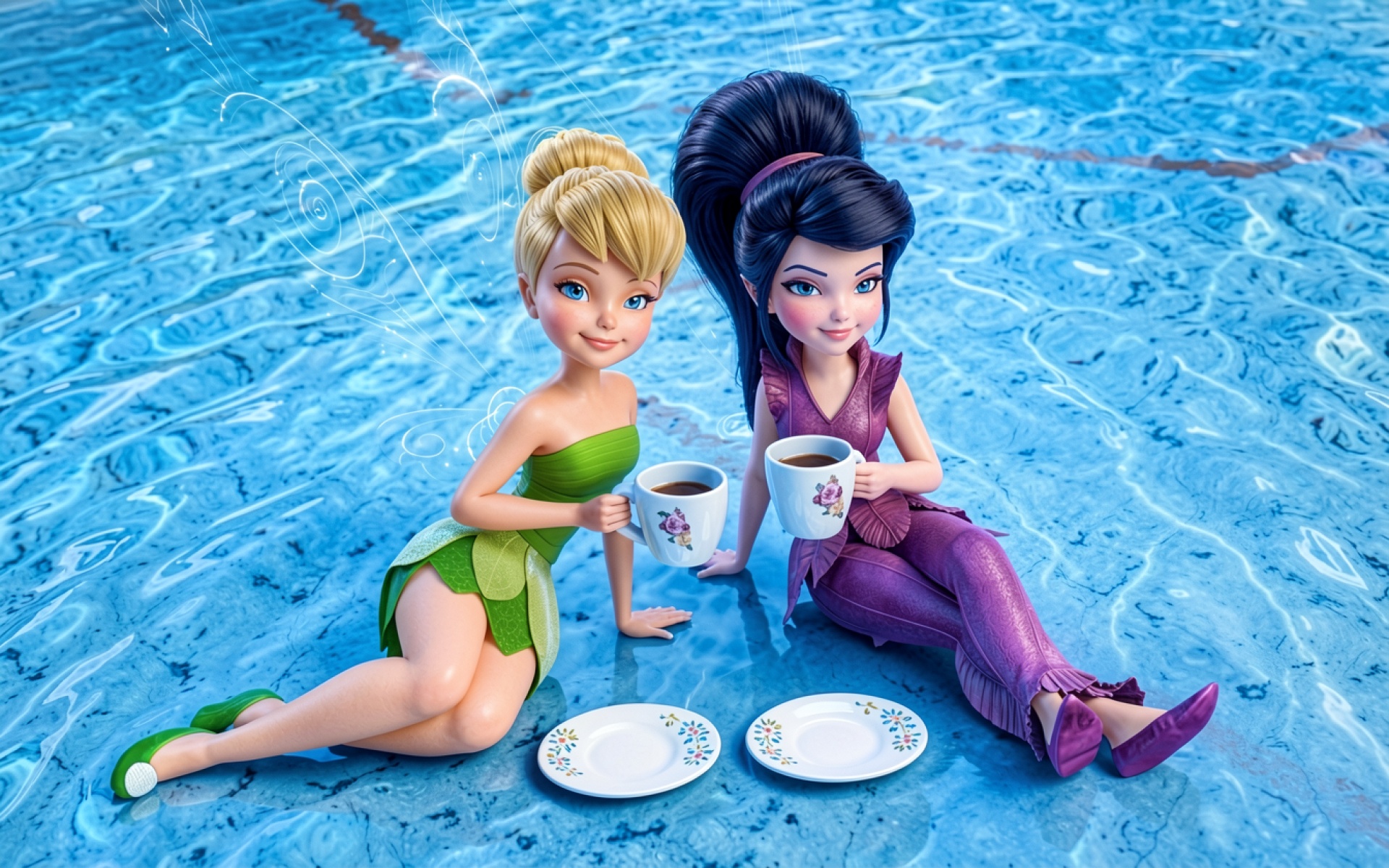 Феи Динь-Динь и Видиан с кофе в бассейне