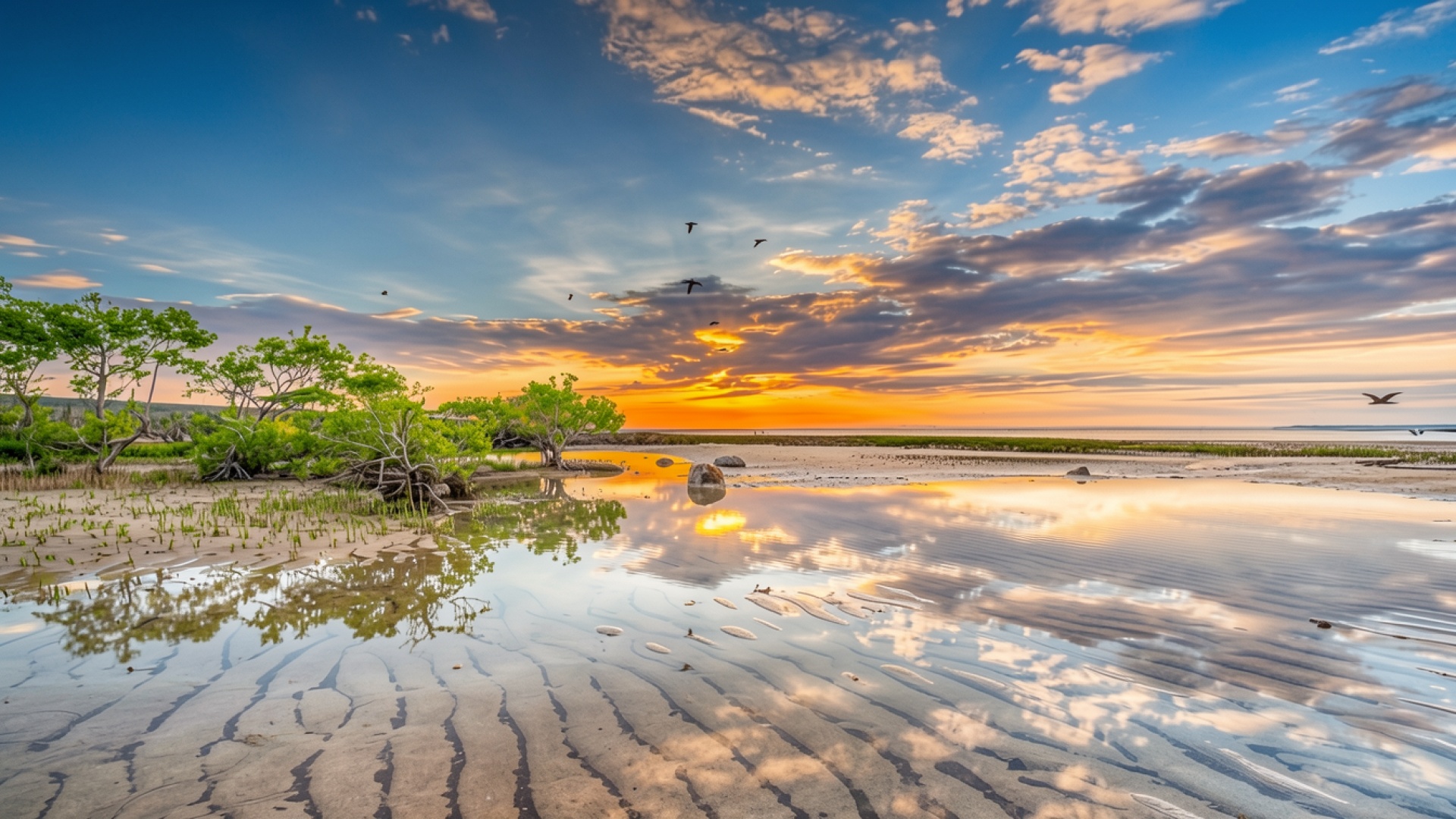 Закат на песчаном берегу с мангровыми деревьями