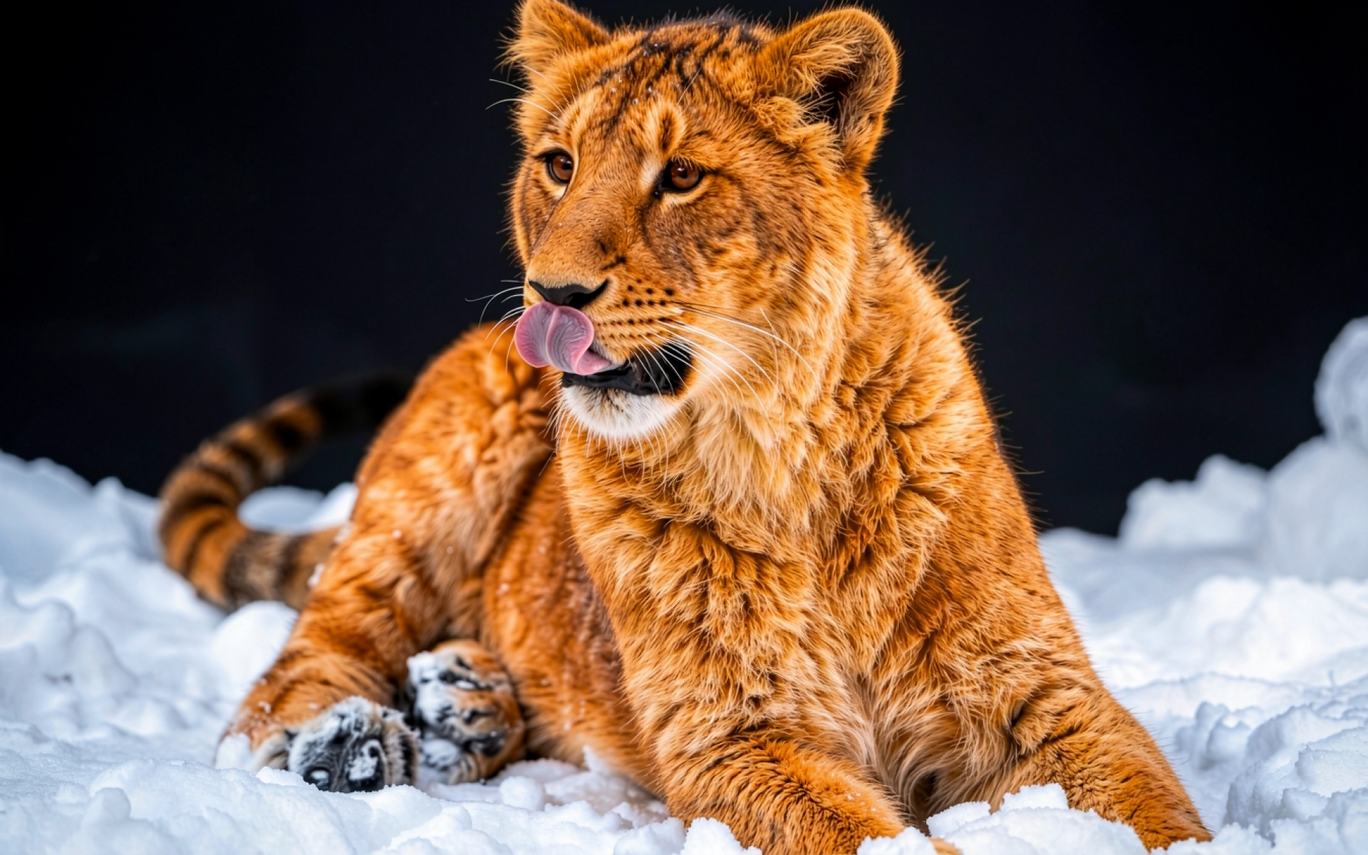 Рыжий тигренок в белом снегу на черном фоне