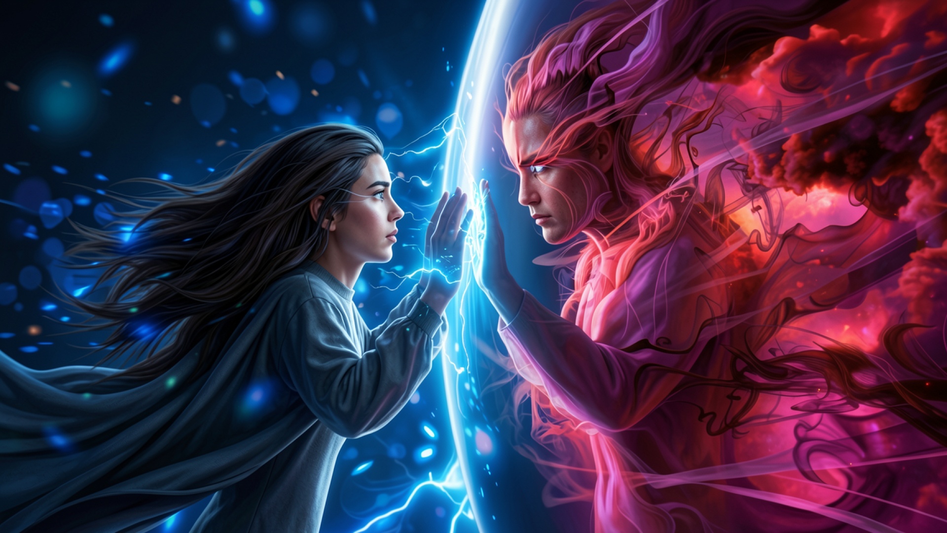 Девушка и мужчина в синем и красном магическом противостоянии