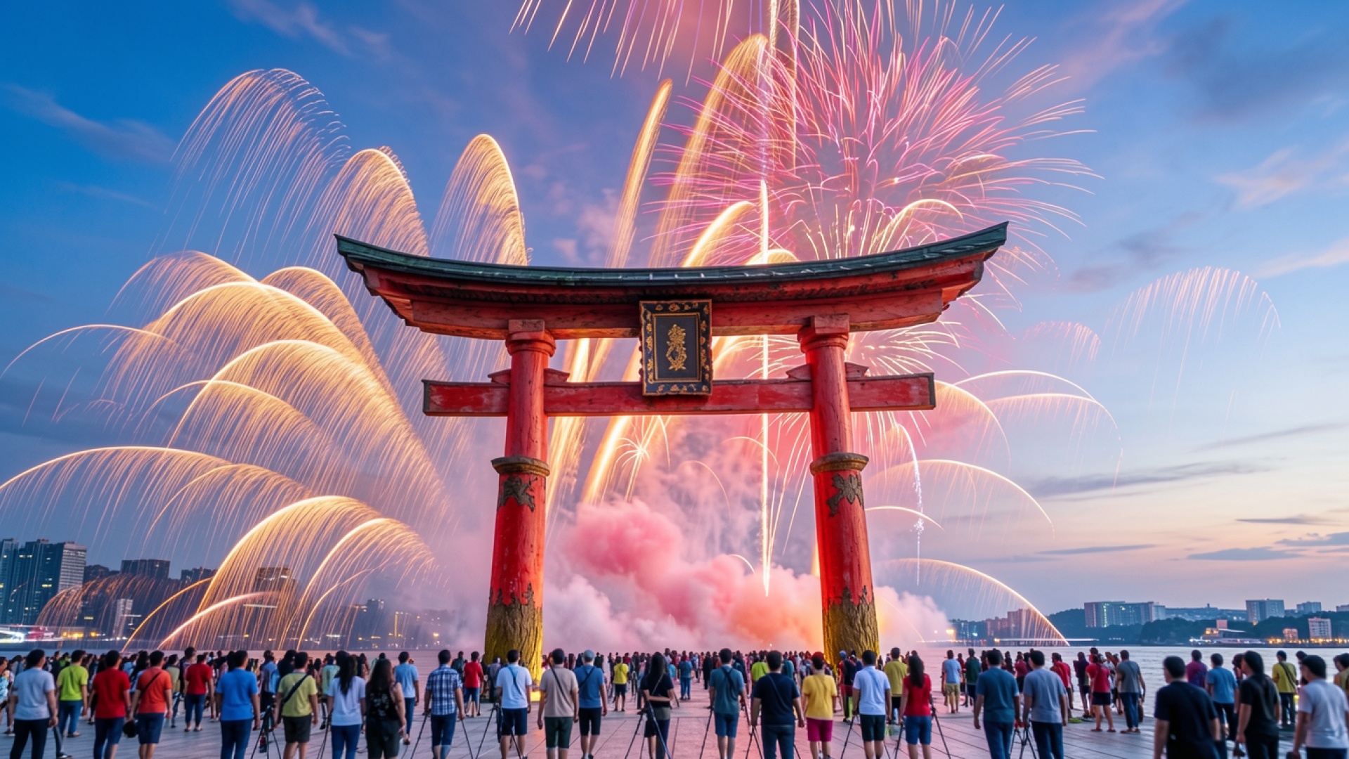 Японские ворота Тории с фейерверками в сумерках