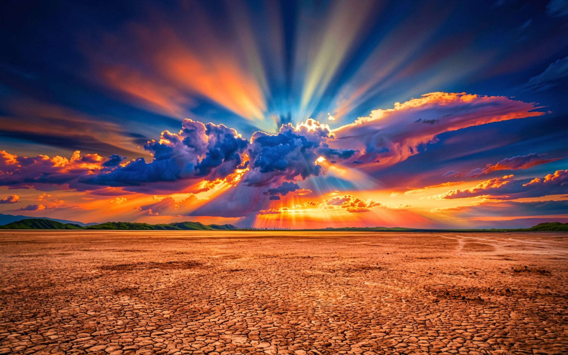 Засушливая земля под ярким закатным небом