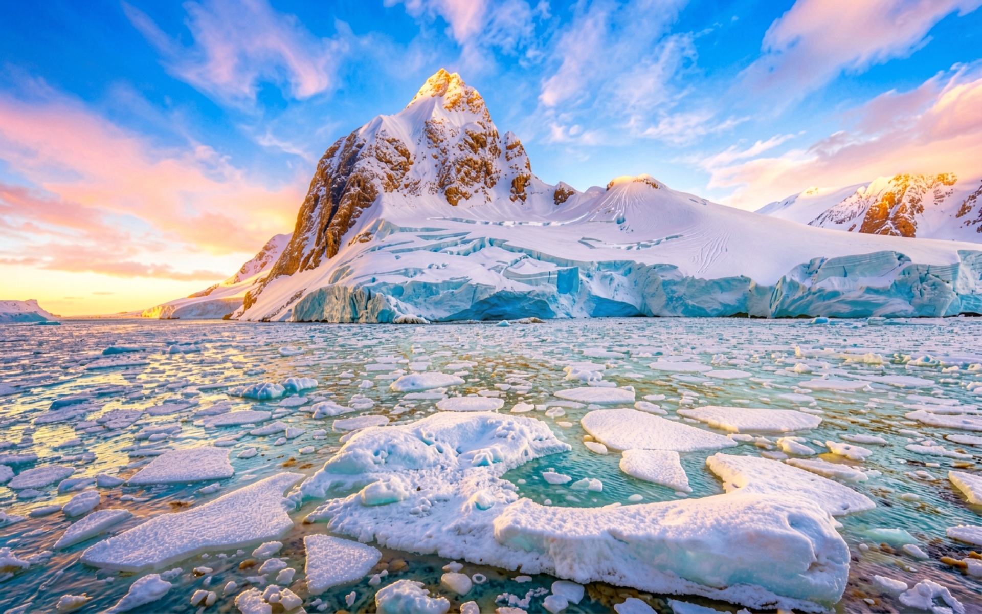 Снежный пик Антарктиды в лучах заката